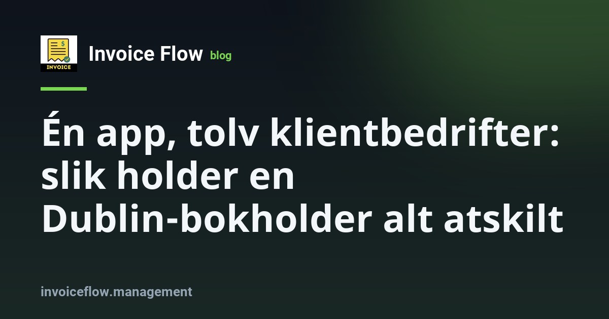 En smarttelefon på et ryddig skrivebord med tolv ulike visittkort med bedriftslogoer arrangert bak den, som representerer en bokholder som administrerer tolv klientbedrifter fra én app.
