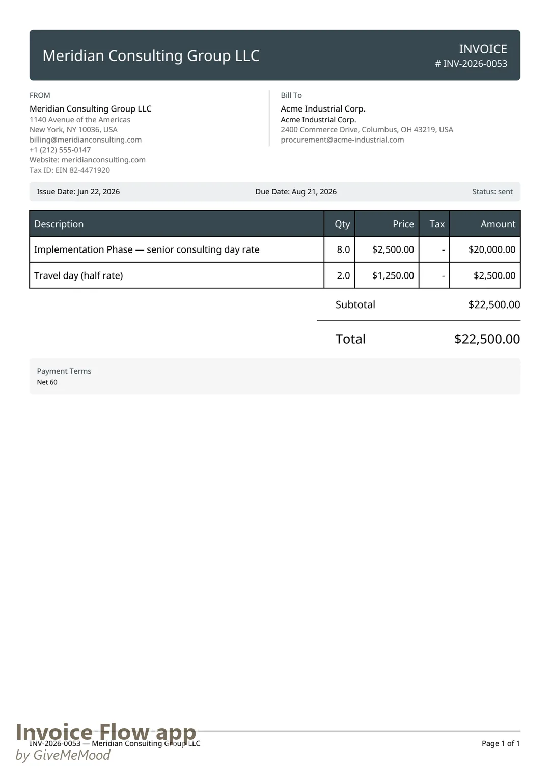 Konsulentfaktura i virksomhedskvalitet som PDF fra Invoice Flow app — Professional-skabelon i Charcoal med brevhoved, CVR-nummer og Net 60-betalingsbetingelser