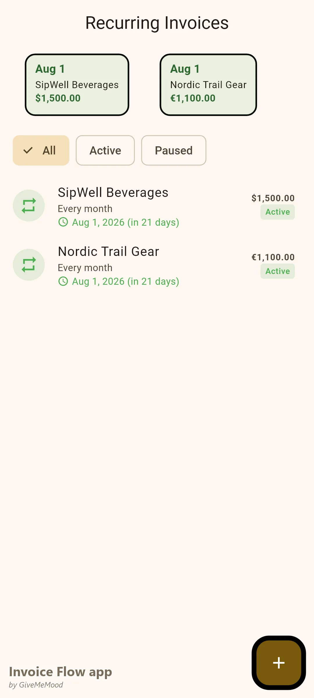Invoice Flow app wiederkehrende Rechnungen mit zwei monatlichen Brand-Ambassador-Retainern in USD und EUR, erstellt am 1. jedes Monats