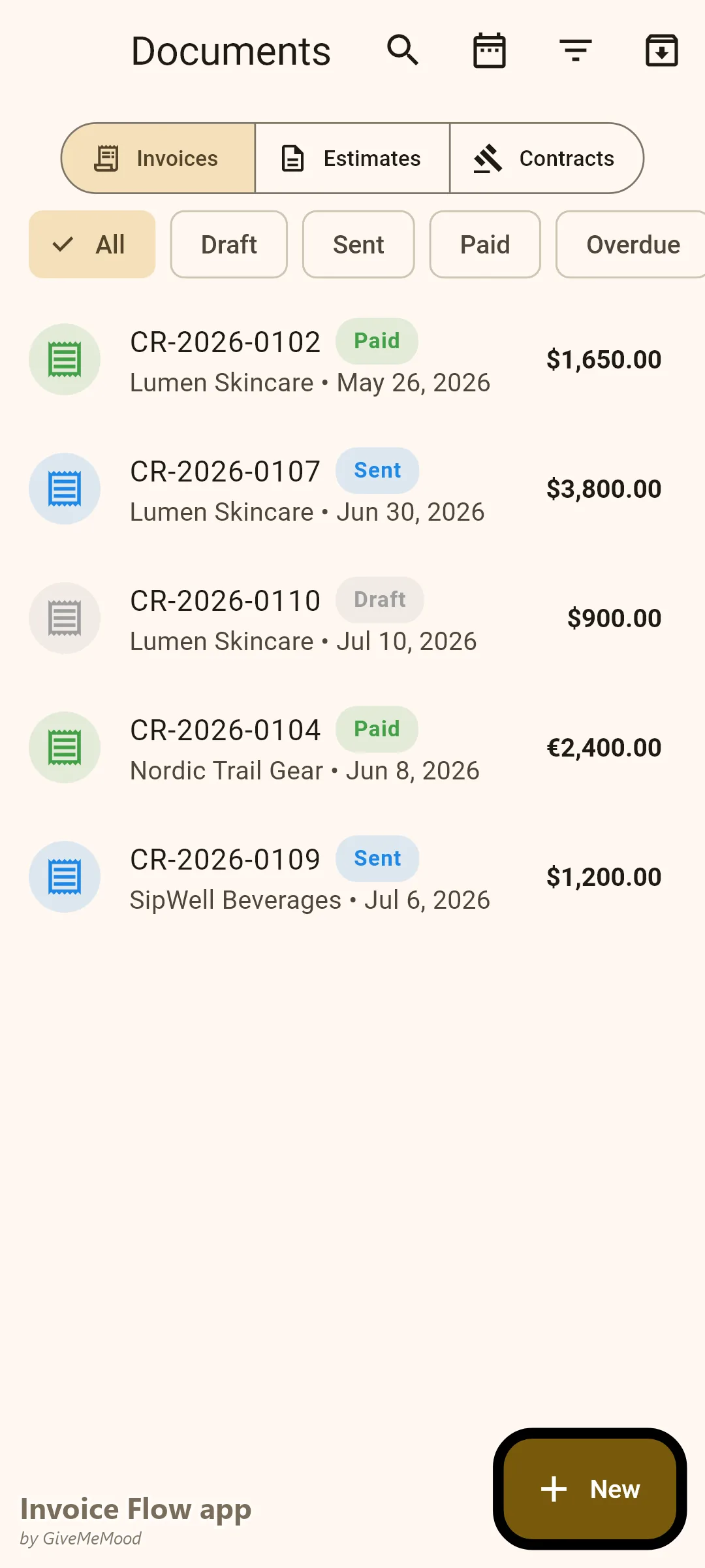 Invoice Flow app Rechnungsliste eines Content Creators – bezahlter Kampagnenstart, versendete Deliverables-Rechnung, Entwurf zum Abschluss und internationale Markendeals in USD und EUR