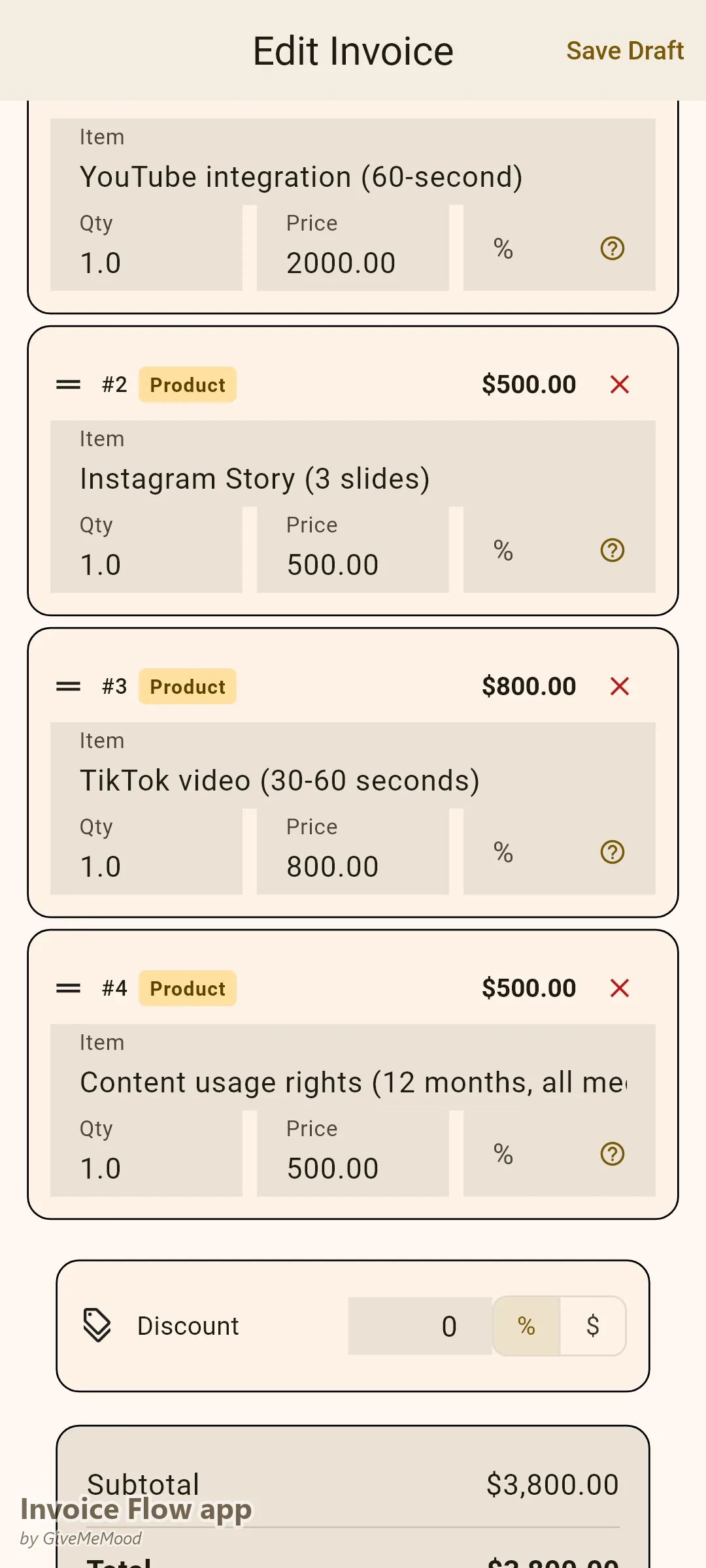 Rechnungseditor der Invoice Flow app mit den Leistungen einer Creator-Kampagne als Positionen – YouTube-Integration, Instagram Story, TikTok-Video und 12 Monate Nutzungsrechte an Inhalten