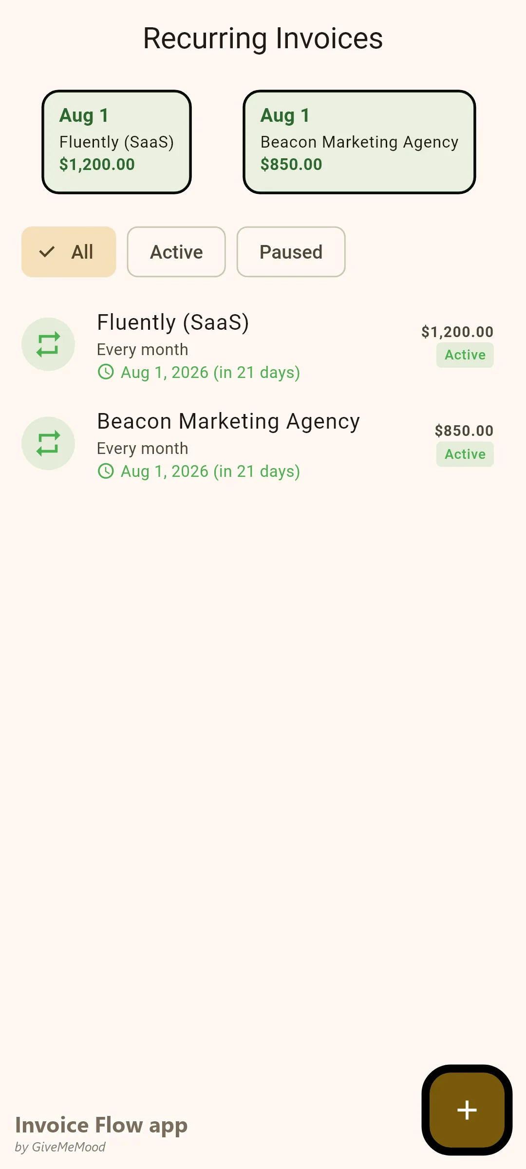 ใบแจ้งหนี้ประจำของแอป Invoice Flow พร้อมค่าจ้างประจำแพ็กเกจบล็อกและซีรีส์อีเมลรายเดือนที่สร้างขึ้นโดยอัตโนมัติ