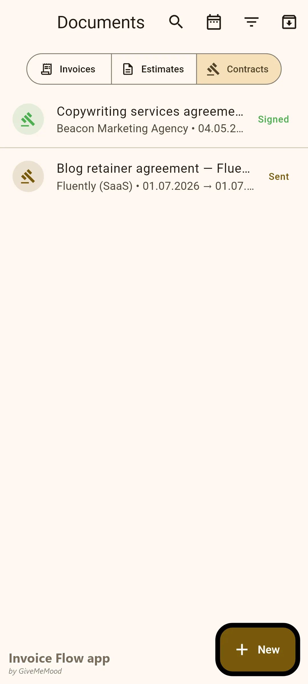 หน้าจอสัญญาของ Invoice Flow app พร้อมสัญญาบริการงานเขียนคำโฆษณาที่ลงนามแล้วซึ่งครอบคลุมจำนวนครั้งการแก้ไข และสัญญารีเทนเนอร์บล็อกที่ส่งแล้ว