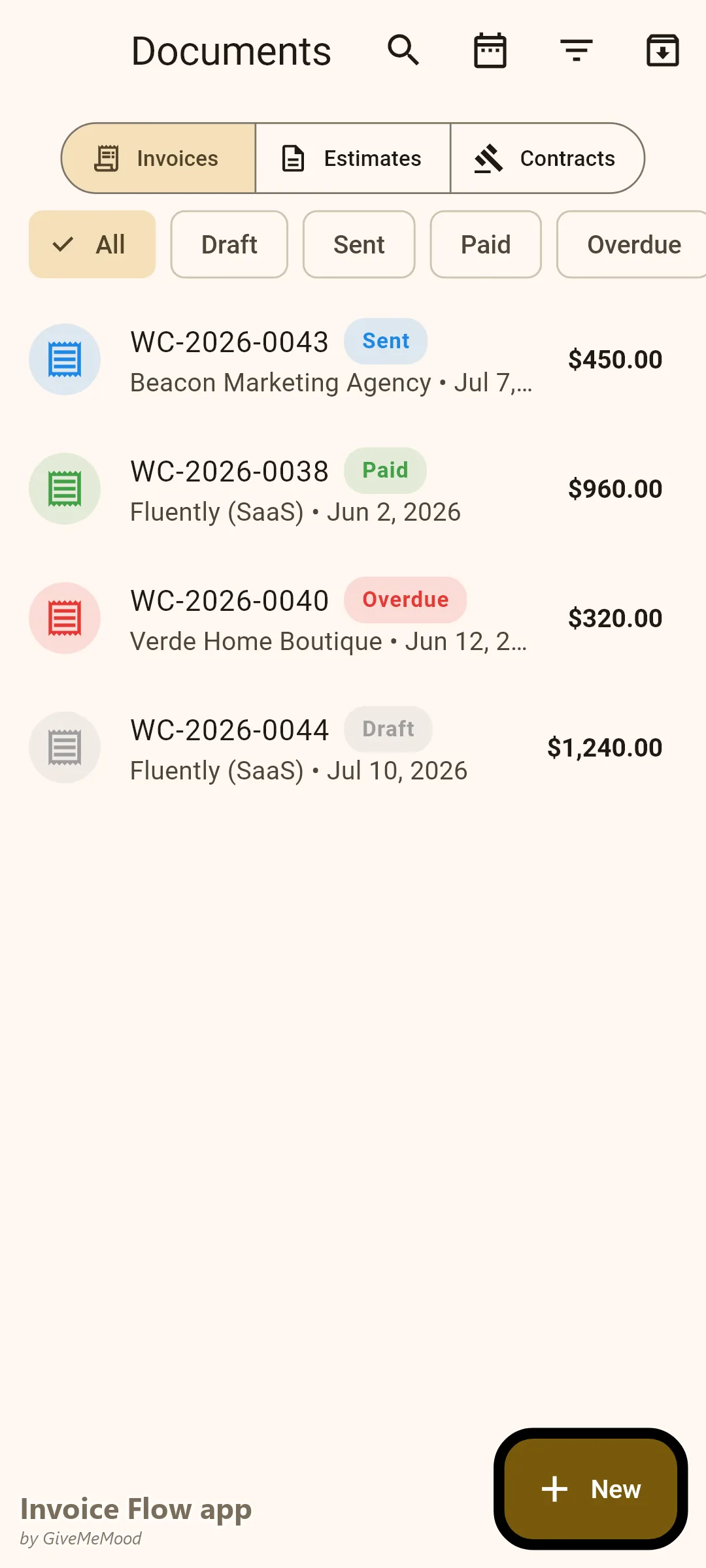 รายการใบแจ้งหนี้ใน Invoice Flow app ของนักเขียนคำโฆษณาอิสระ พร้อมใบแจ้งหนี้ที่ชำระแล้ว ส่งแล้ว เกินกำหนด และร่าง จากลูกค้าหลายราย