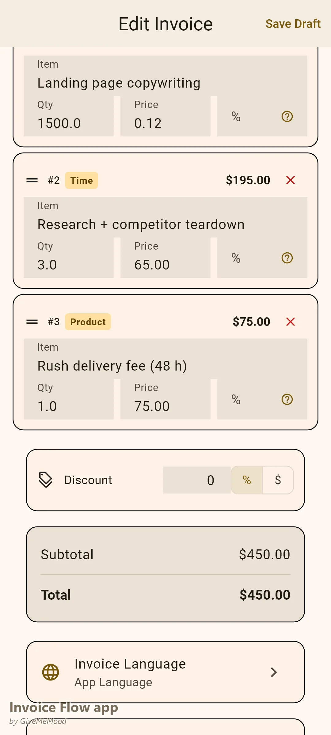 โปรแกรมแก้ไขใบแจ้งหนี้ของ Invoice Flow app สำหรับนักเขียนคำโฆษณา — คิดค่าเขียนหน้าแลนดิ้งเพจเป็นรายคำ ค่าค้นคว้าเป็นรายชั่วโมง และค่าเร่งด่วนแบบเหมาในใบแจ้งหนี้เดียว