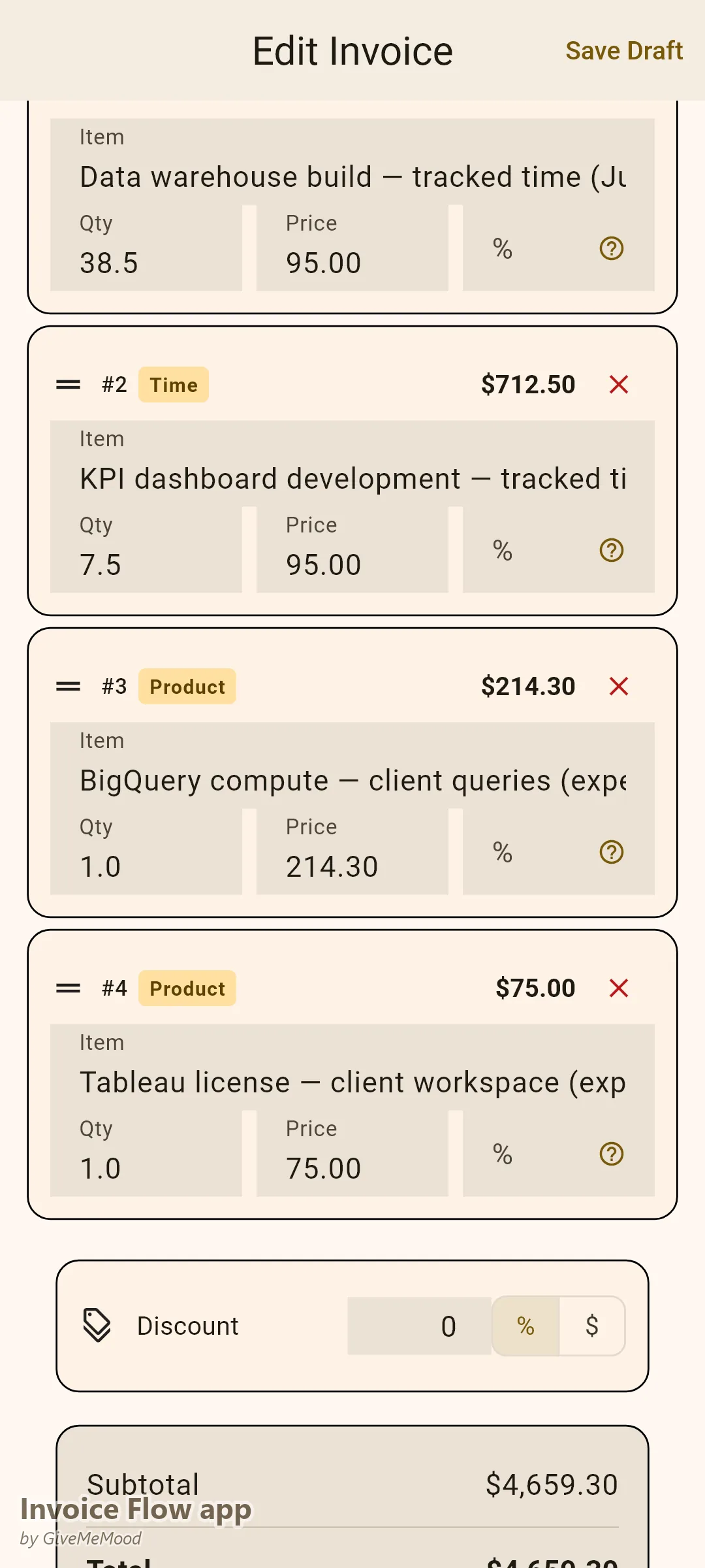 עורך החשבוניות של Invoice Flow app עם חודש של ייעוץ נתונים — שעות מעקב על מחסן ודשבורד בתוספת עלויות מחשוב ענן ורישיונות