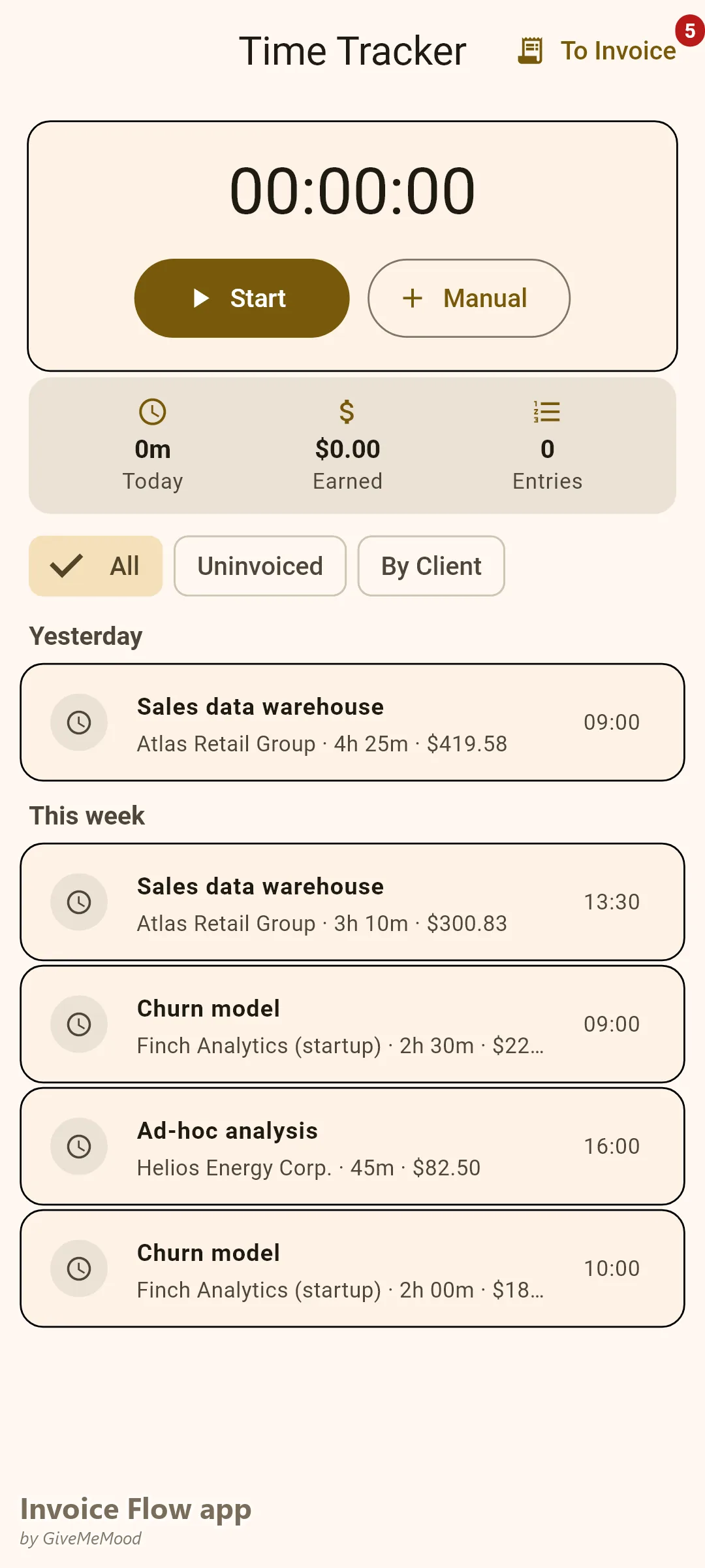 מעקב זמן באפליקציית Invoice Flow של אנליסט נתונים עצמאי — סשנים על פני בניית מחסן נתונים, עבודת מודל נטישה ושיחות ייעוץ, כל אחד מקושר ללקוח ולפרויקט