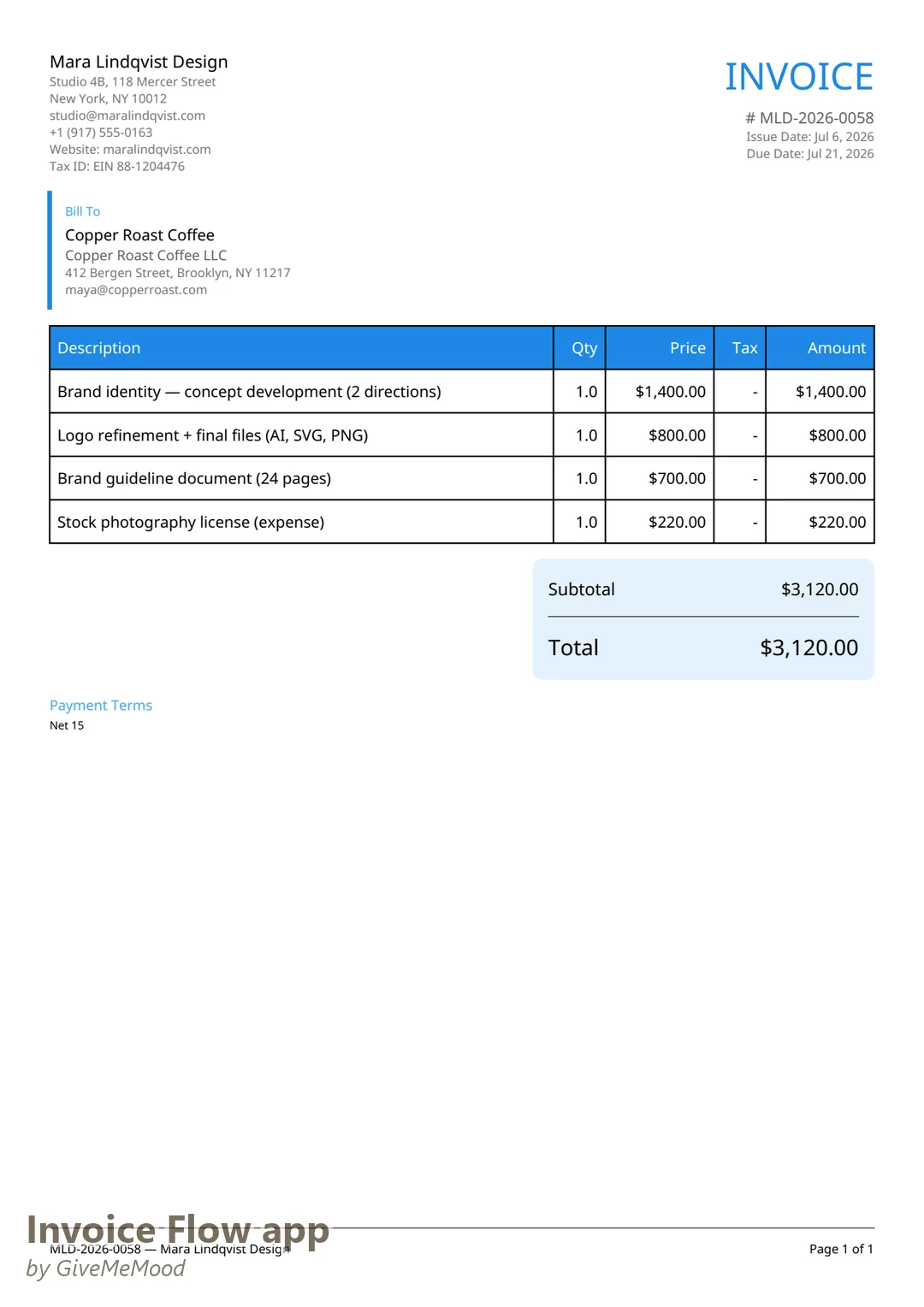 Brand identity invoice PDF generated by Invoice Flow app with the Modern template in the Ocean palette — studio letterhead and itemized deliverables