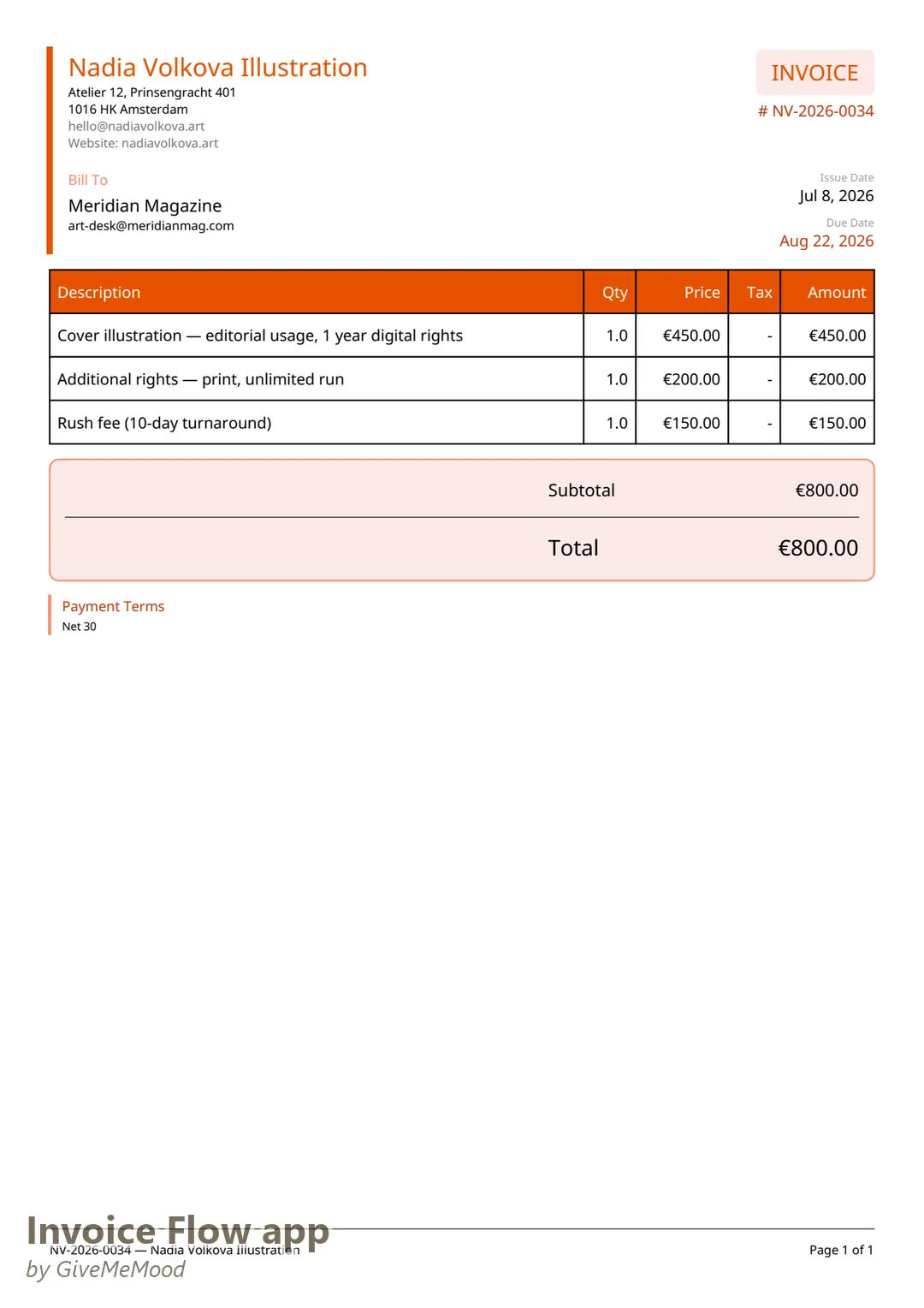 Illustrationsrechnung als PDF, erstellt mit der Invoice Flow app in der Vorlage Creative – Atelier-Briefkopf und aufgeschlüsselte Nutzungsrechte, Drucklizenz und Eilzuschlag in EUR