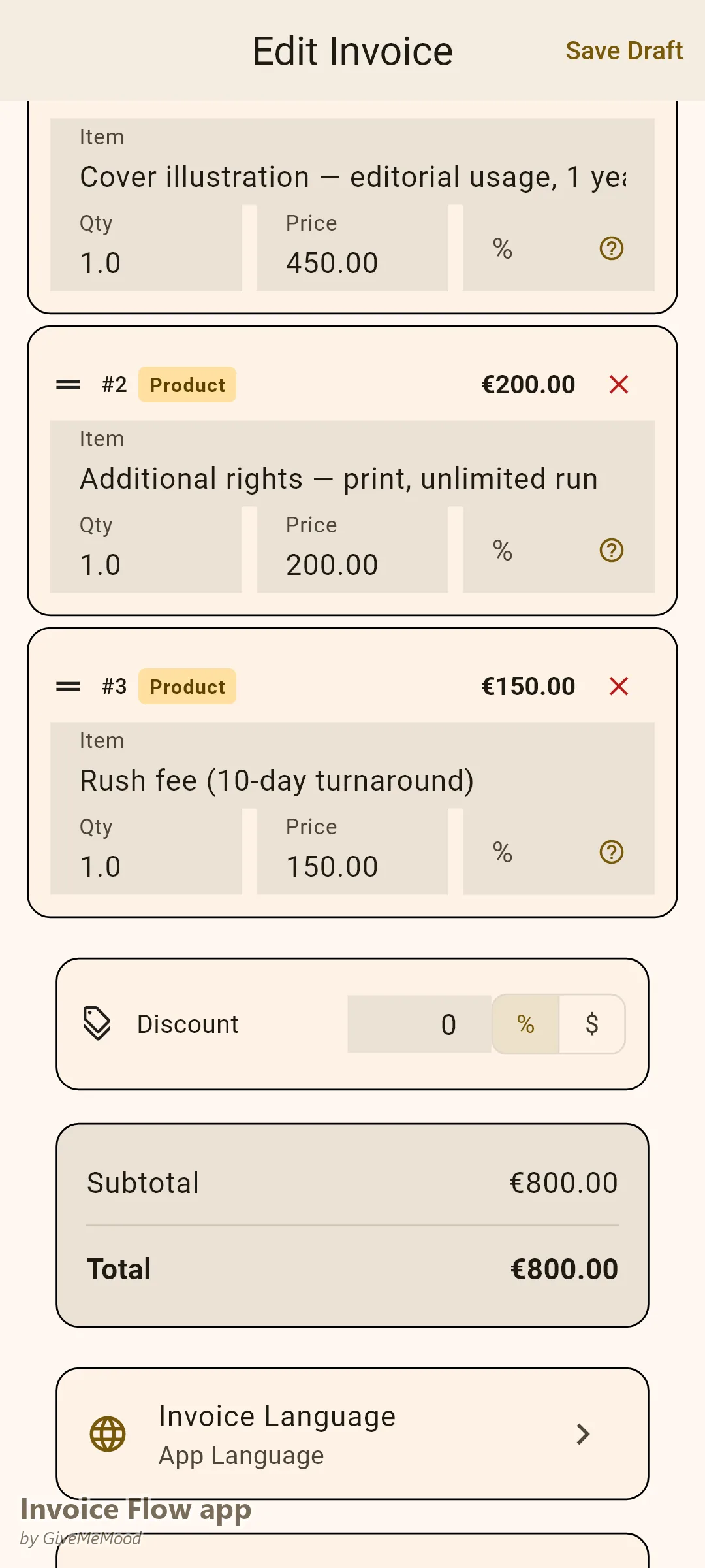 Rechnungseditor eines Illustrators in der Invoice Flow app – redaktionelle Coverillustration mit 1 Jahr digitalen Rechten, eine separate Position für Druckrechte und ein Eilzuschlag