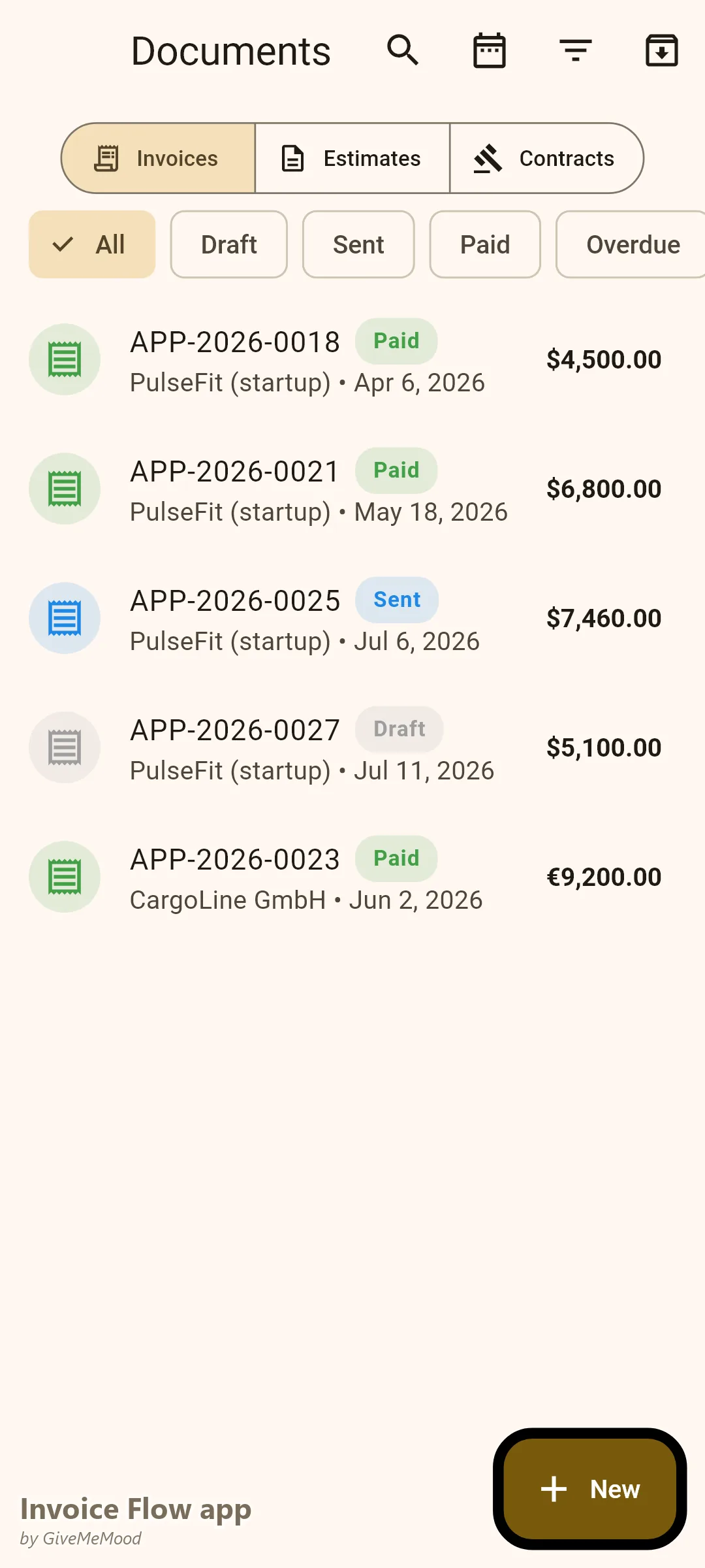 Invoice Flow app invoice list of a mobile app developer — two paid milestones, current milestone sent, next drafted and a corporate EUR invoice
