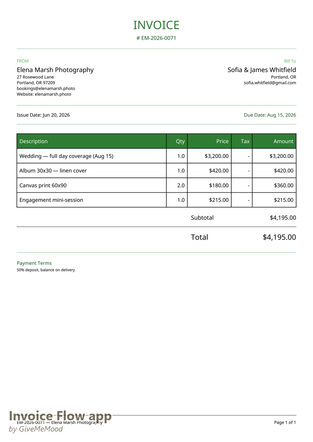 Faktura PDF za svatební fotografii vygenerovaná aplikací Invoice Flow app se šablonou Elegant v odstínu Charcoal — celodenní pokrytí, album, plátěné tisky a snoubenecká mini-focení