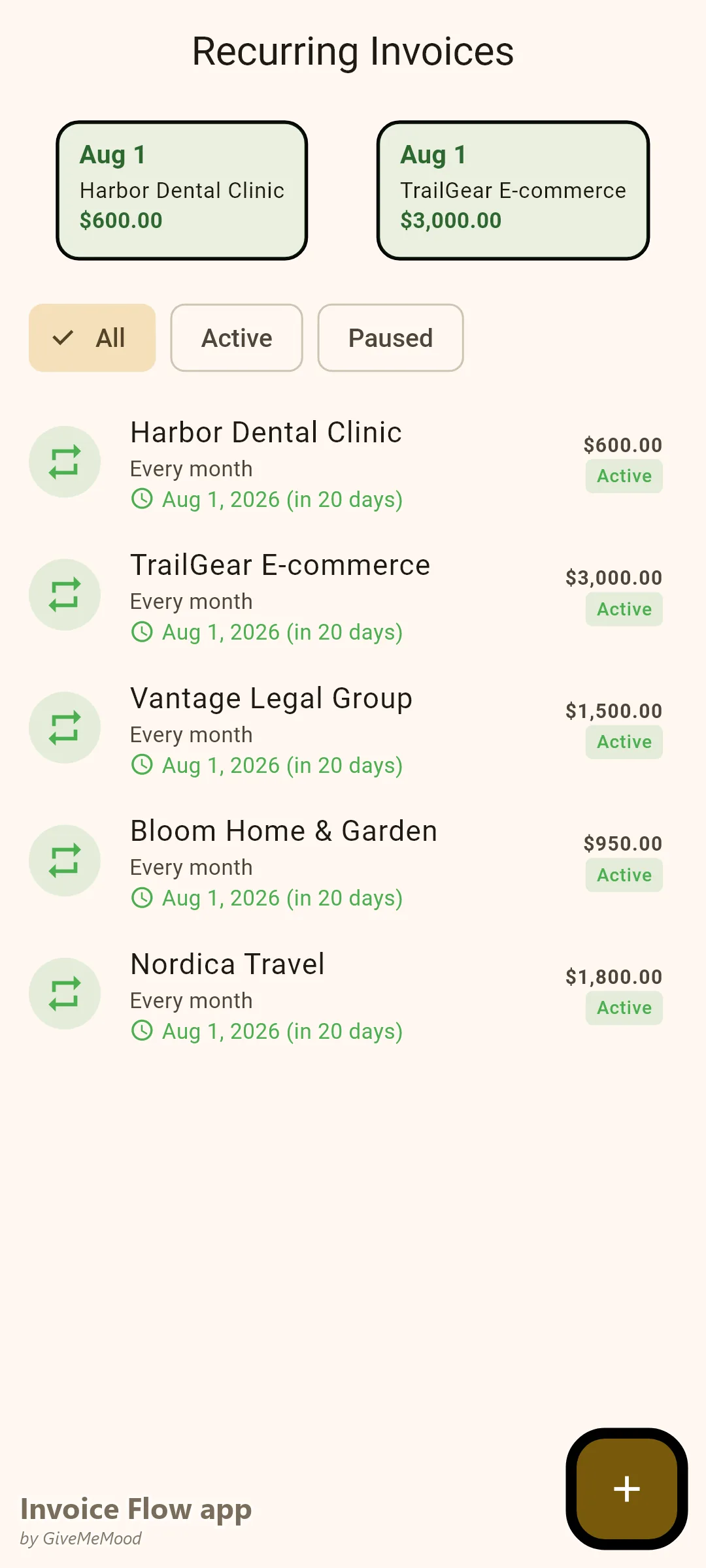 एक SEO कंसल्टेंट की Invoice Flow app रिकरिंग इनवॉइस स्क्रीन — 600 से 3,000 डॉलर तक के पाँच मासिक रिटेनर, सभी महीने की 1 तारीख को जनरेट होते हैं