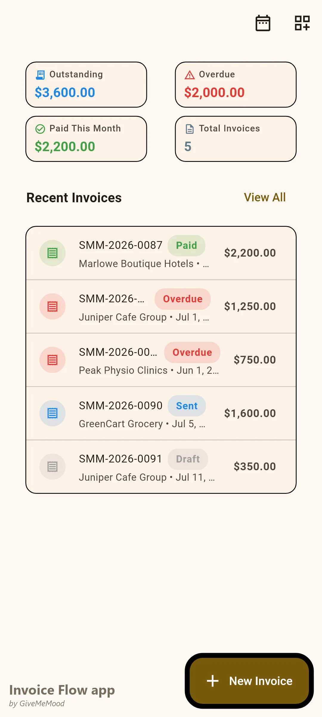 Dashboard de Invoice Flow app de un community manager: totales pendientes y vencidos y facturas recientes con estados pagado, enviado y borrador
