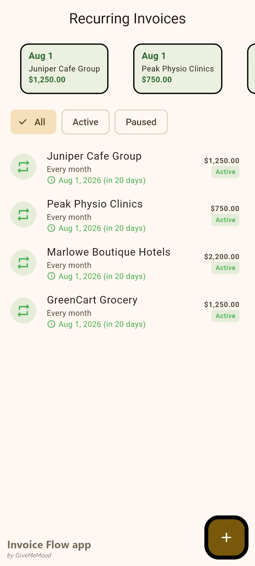 Facturas recurrentes de Invoice Flow app de un community manager: cuatro paquetes mensuales de retención que se generan automáticamente el día 1