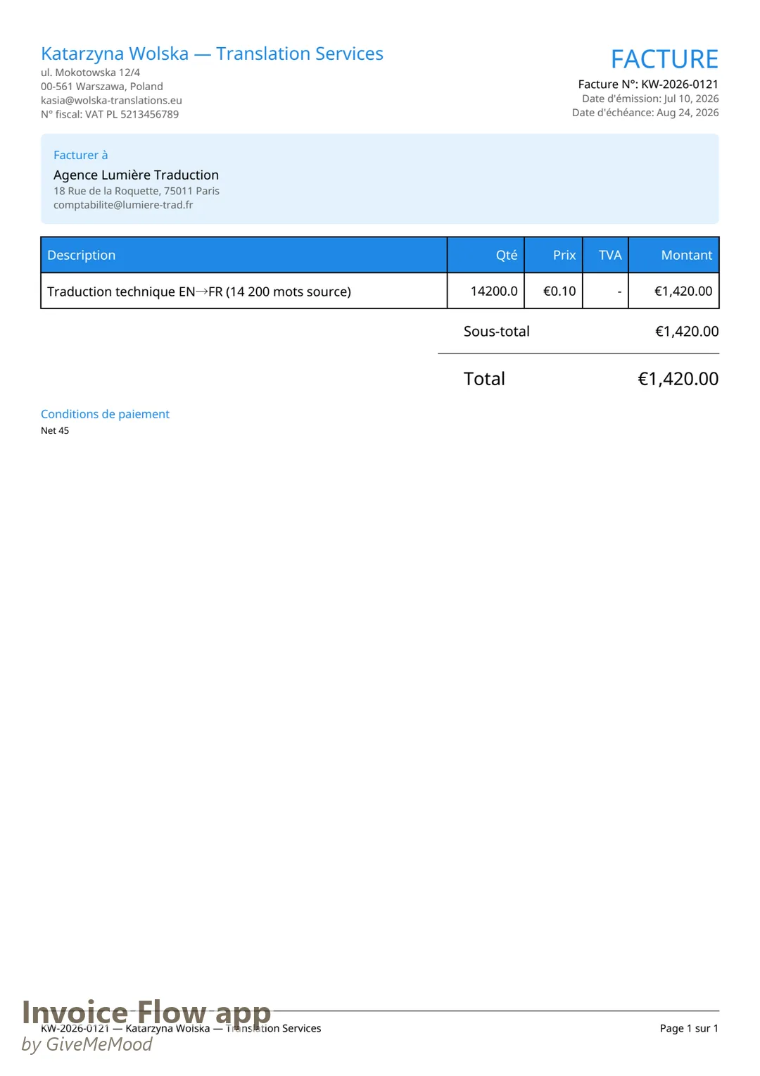 Rechnungs-PDF für eine Pariser Agentur, erstellt mit der Invoice Flow app mit allen Bezeichnungen auf Französisch — FACTURE, Facturer à, Qté, TVA, Sous-total