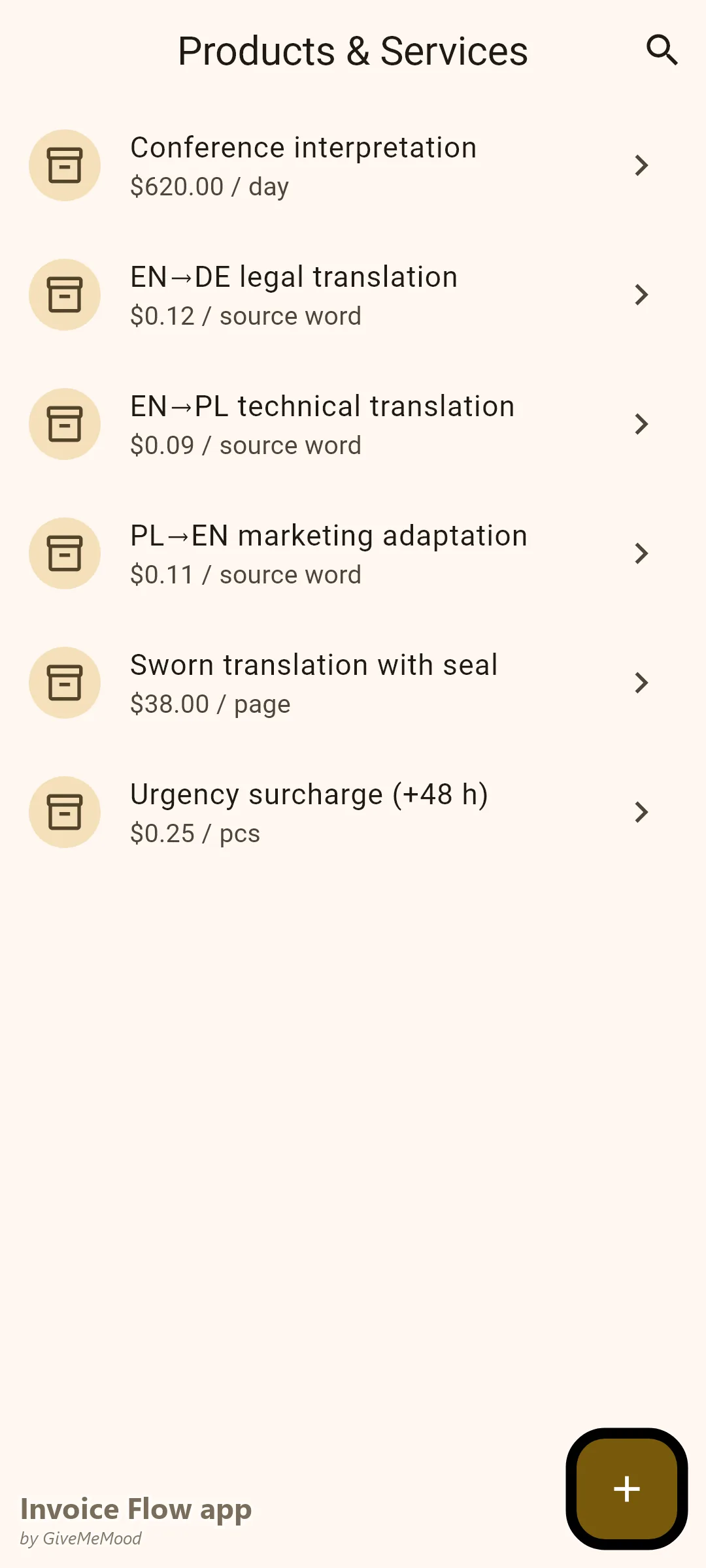 Invoice Flow app Produktübersicht einer Übersetzerin — Sätze pro Ausgangswort für Sprachpaare, beglaubigte Übersetzung pro Seite, Konferenzdolmetschen pro Tag