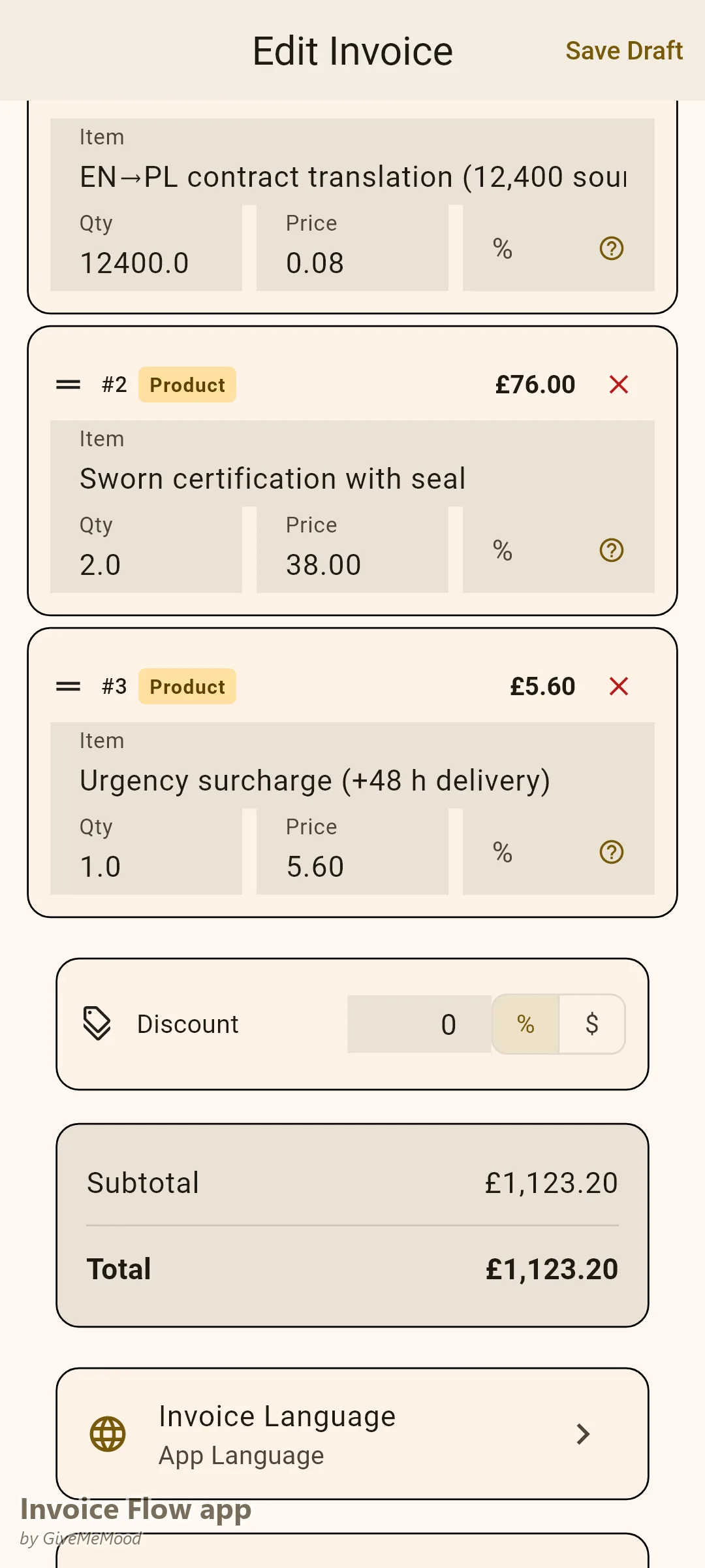 Invoice Flow app Rechnungseditor eines Übersetzers – 12.400 Ausgangswörter zum Wortpreis, beglaubigte Zertifizierung pro Seite und ein Eilzuschlag in GBP