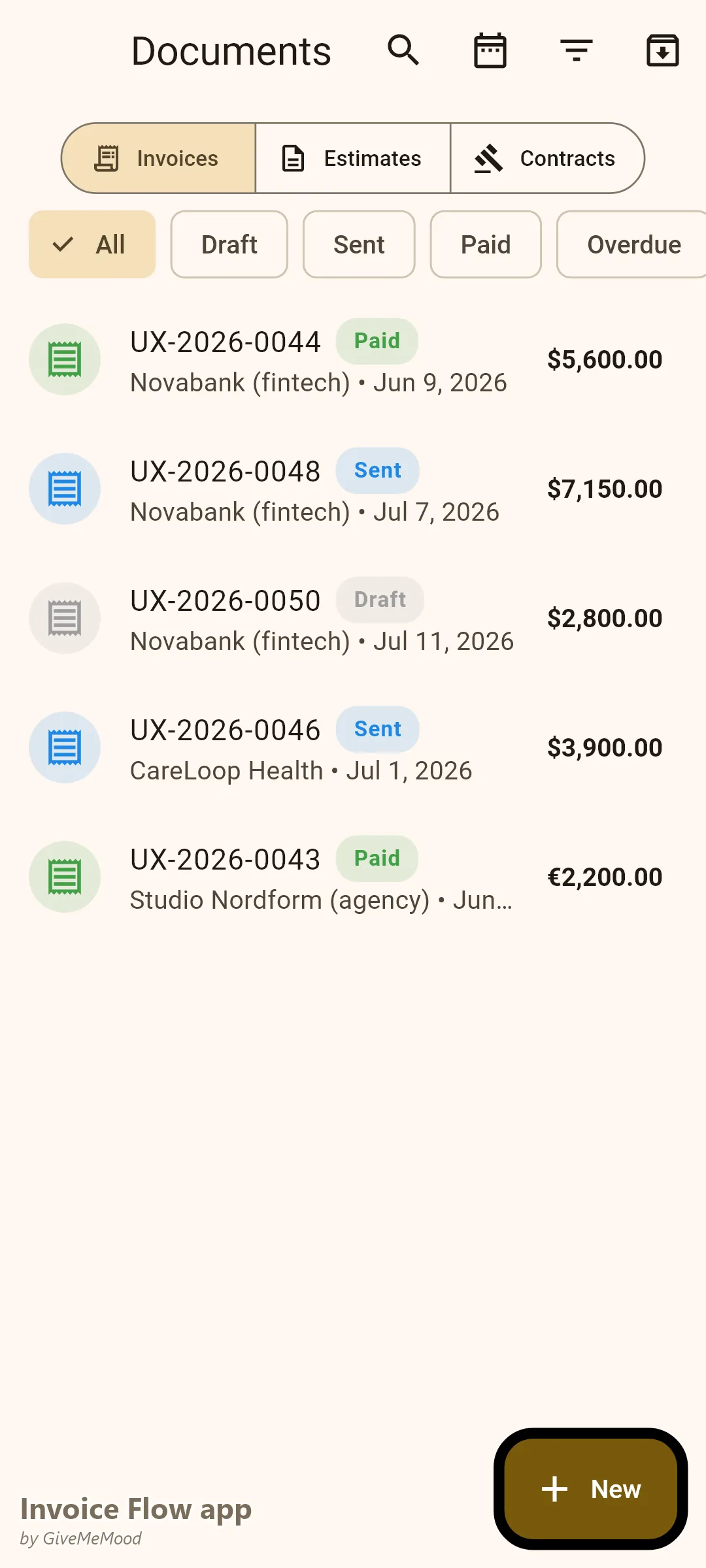 Λίστα τιμολογίων της εφαρμογής Invoice Flow ενός στούντιο UX — εξοφλημένη προκαταβολή discovery, εξοφλημένη φάση wireframe, απεσταλμένη φάση visual-design και πρόχειρο τιμολόγιο handoff