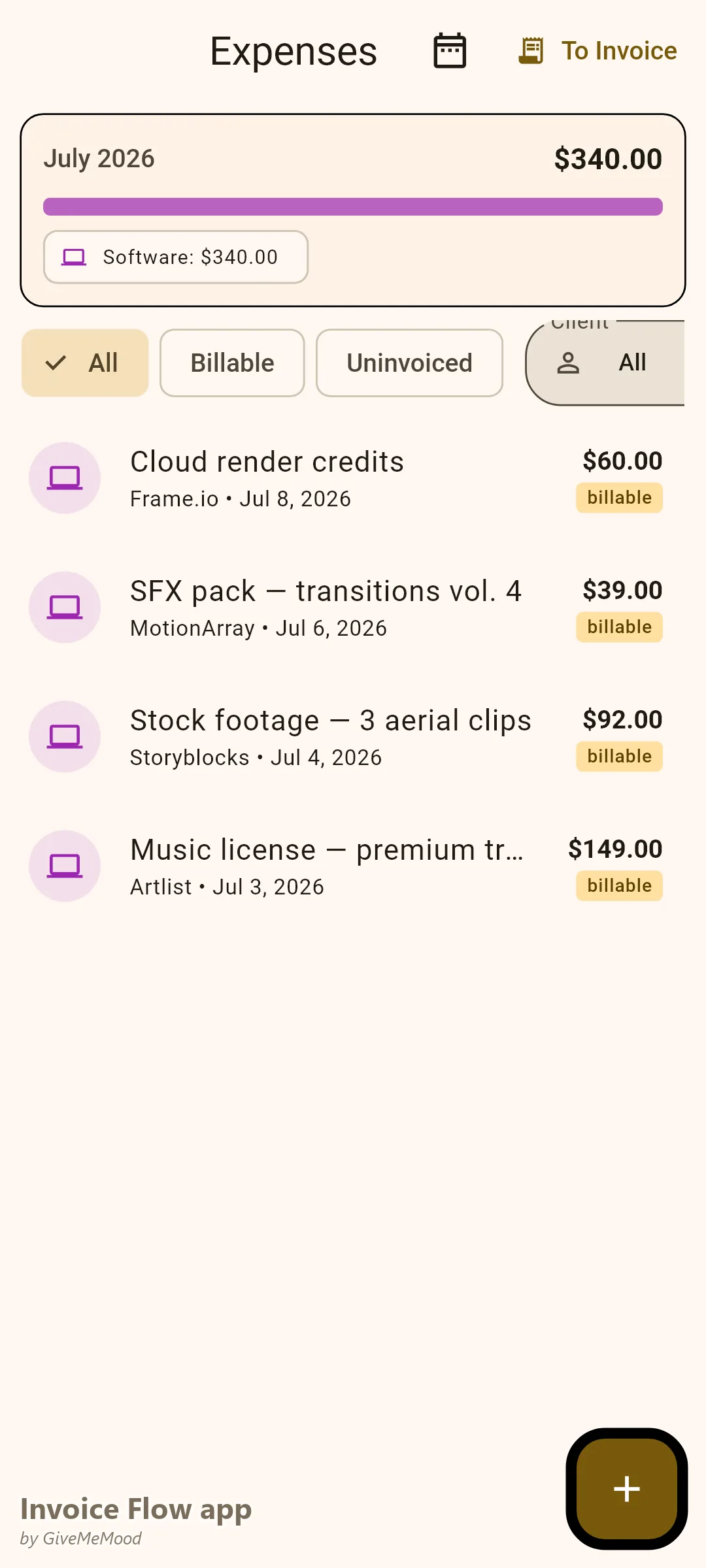 एक वीडियो एडिटर का Invoice Flow app expense tracker — बिल-योग्य प्रीमियम म्यूज़िक लाइसेंस, स्टॉक एरियल क्लिप, एक SFX पैक और क्लाउड रेंडर क्रेडिट