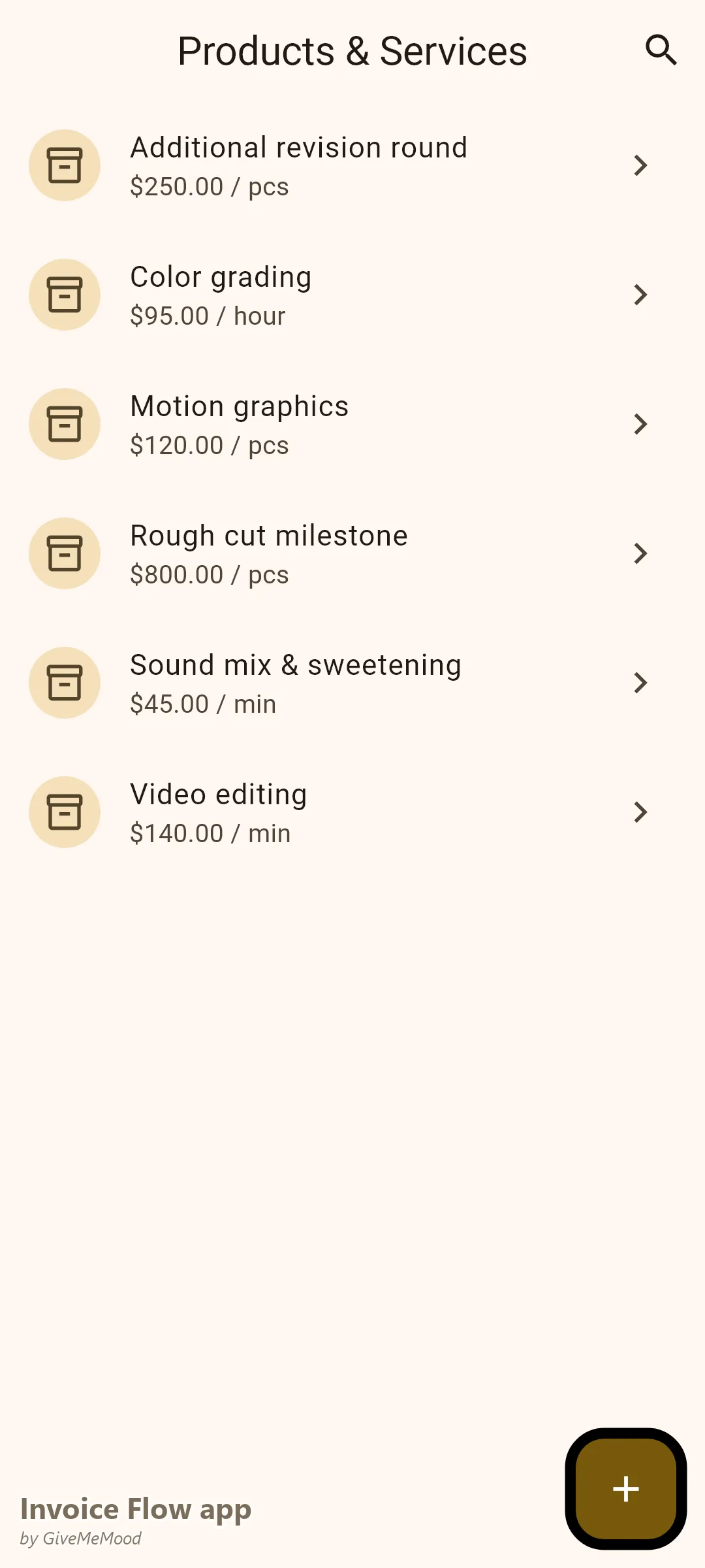 एक वीडियो एडिटर की Invoice Flow app प्रोडक्ट्स स्क्रीन — प्रति तैयार मिनट एडिटिंग, प्रति घंटा कलर ग्रेडिंग, प्रति एलिमेंट मोशन ग्राफिक्स और माइलस्टोन शुल्क