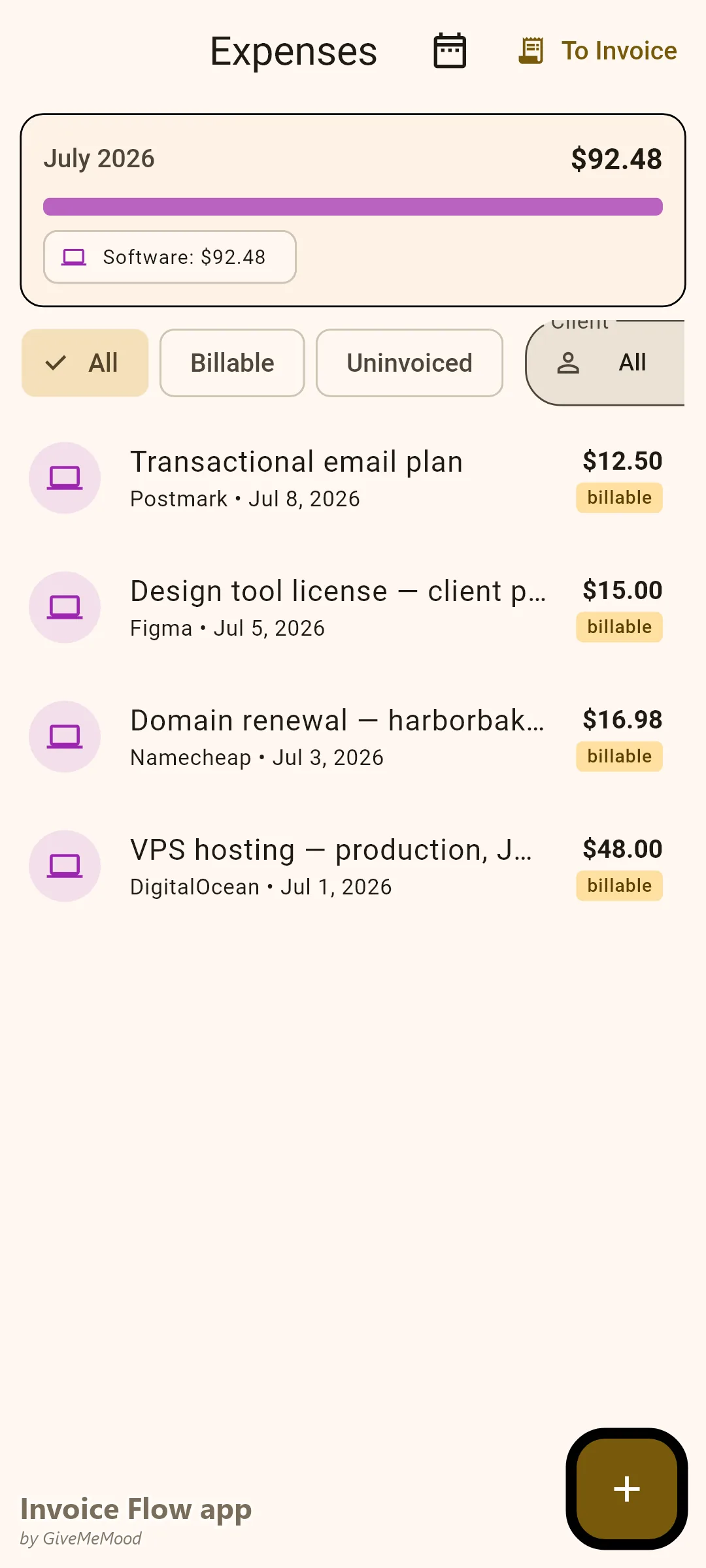 מעקב הוצאות באפליקציית Invoice Flow עם עלויות פיתוח הניתנות לחיוב — אחסון VPS, חידוש דומיין, רישיון כלי עיצוב — משויכות ללקוחות