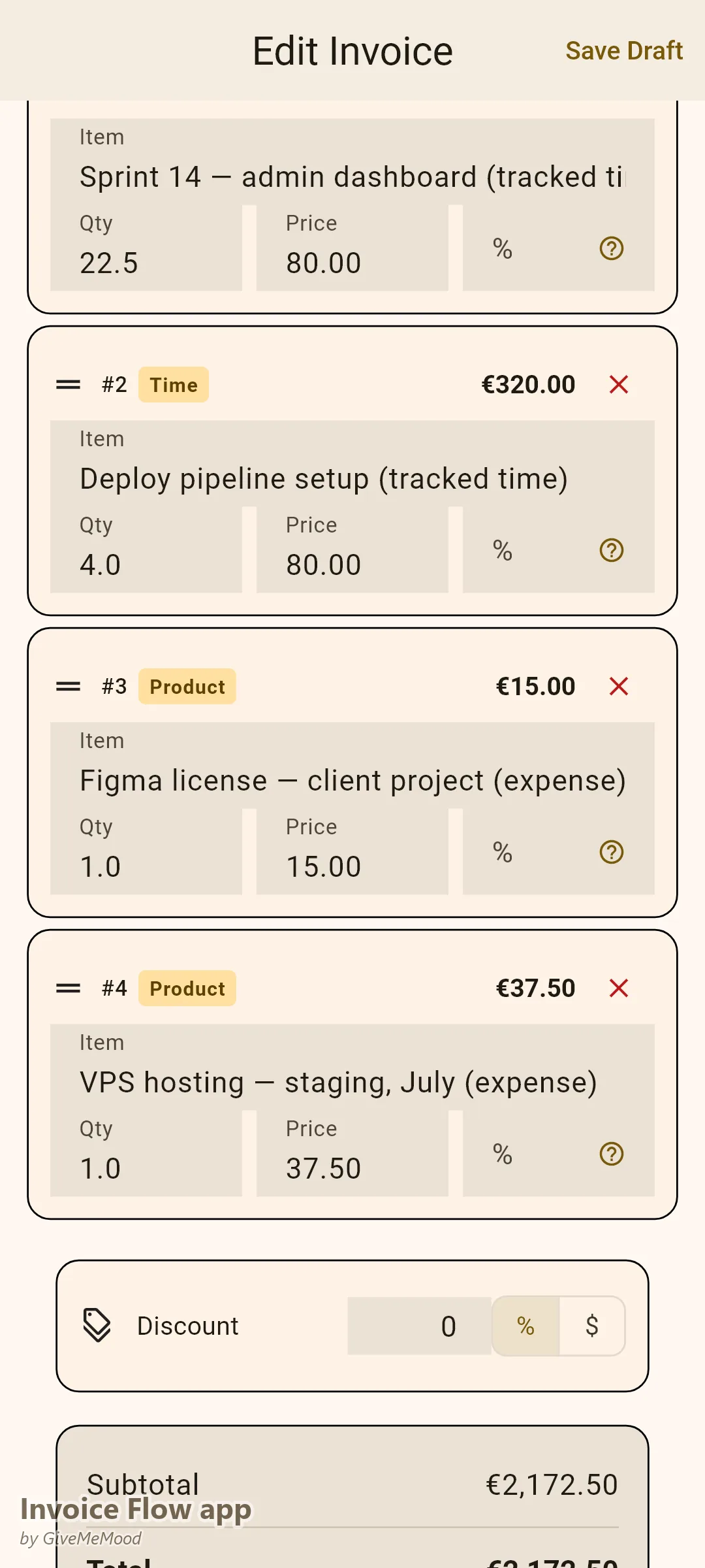 עורך החשבוניות של Invoice Flow app המשלב שעות פיתוח מתועדות בתעריף שעתי עם הוצאות ברות חיוב בחשבונית אחת ב-EUR