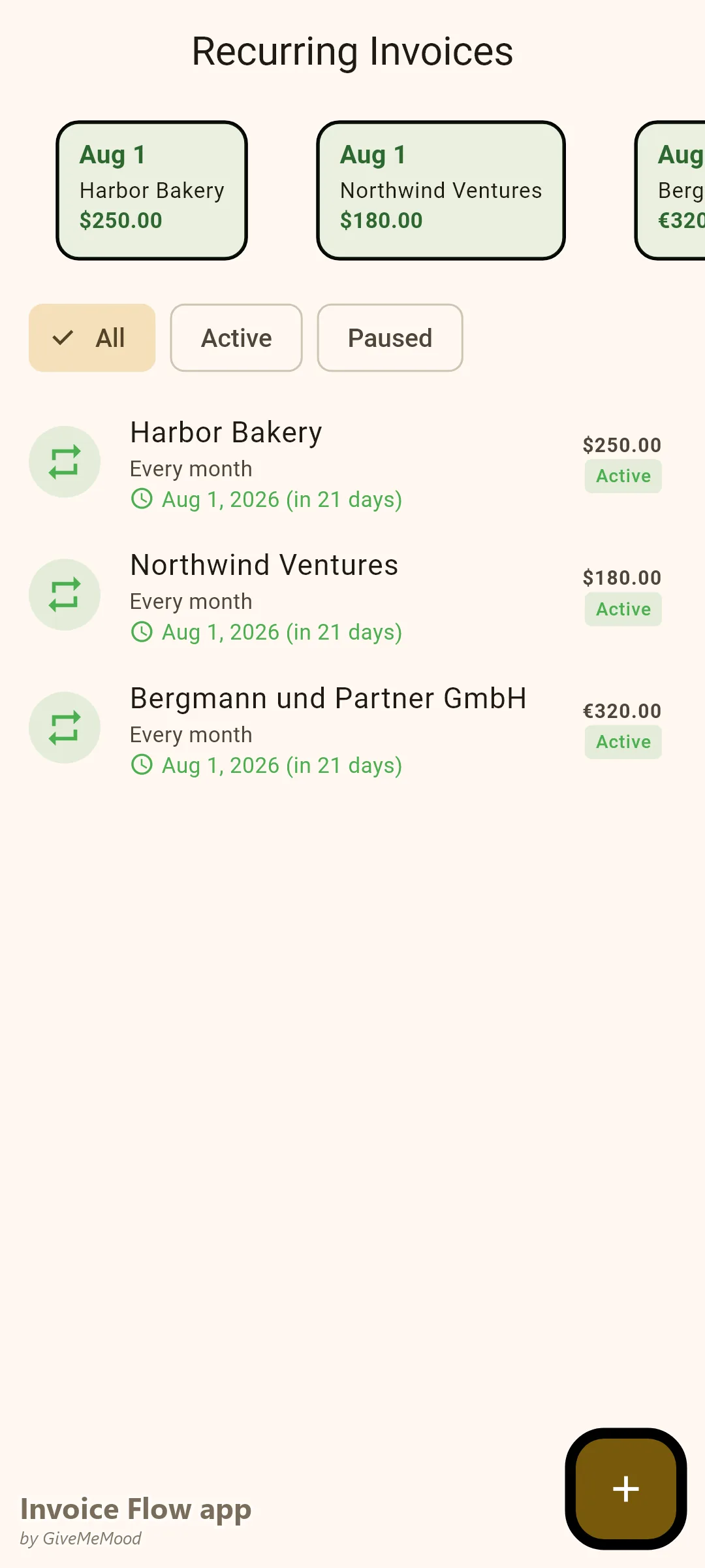 מסך חשבוניות חוזרות באפליקציית Invoice Flow עם שלושה ריטיינרים חודשיים לתחזוקה ב-USD ו-EUR, מתוזמנים ל-1 לחודש