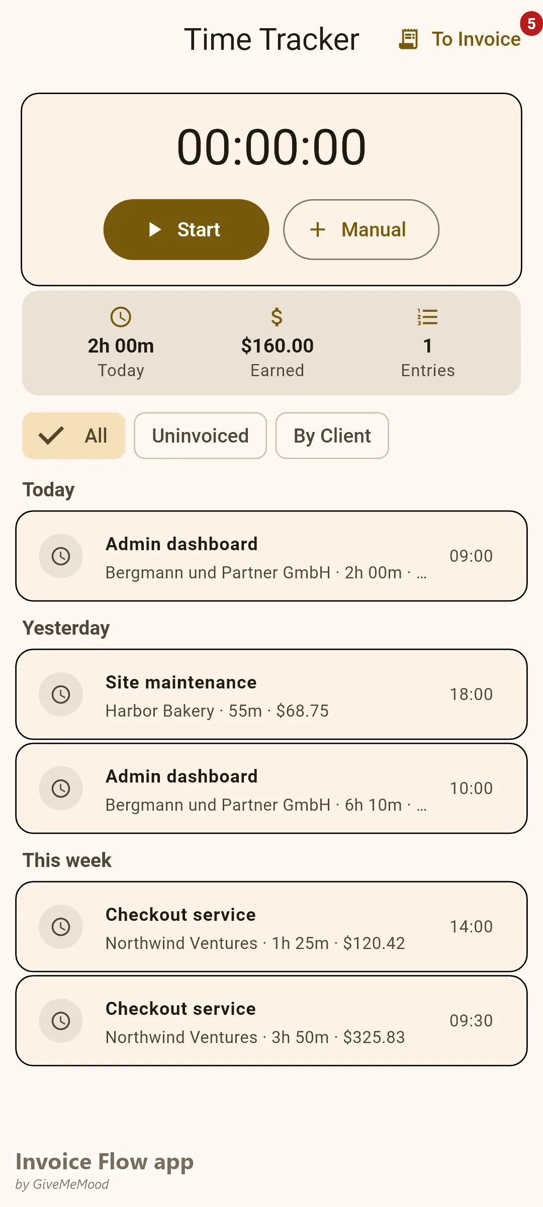 מעקב זמן באפליקציית Invoice Flow עם סשני קוד מתועדים לפי לקוח ופרויקט — שעות וסכומים ברי חיוב מוכנים להמרה לשורות בחשבונית