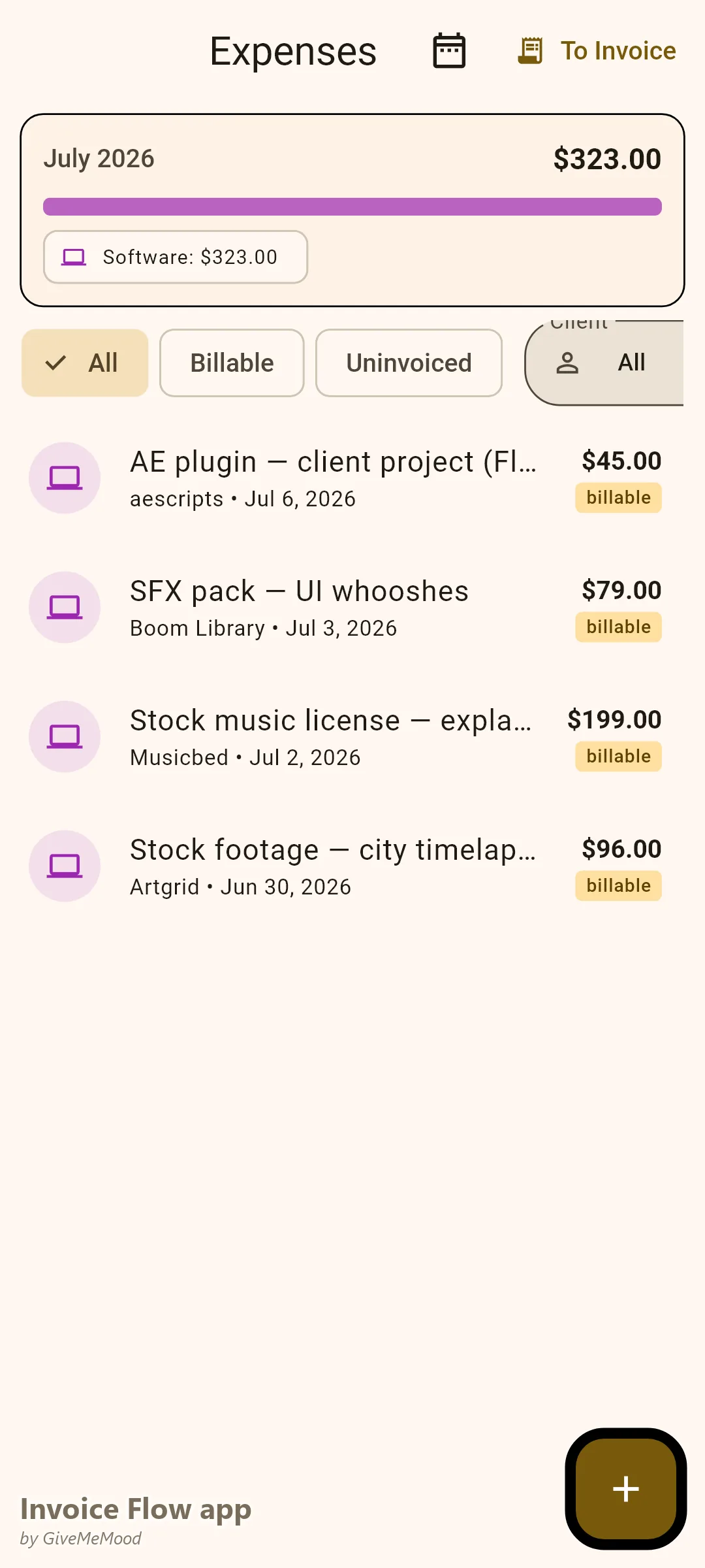 Rejestr wydatków motion designera w aplikacji Invoice Flow app — do refaktury licencja na muzykę stockową, pakiet SFX, wtyczka After Effects i materiały filmowe stockowe
