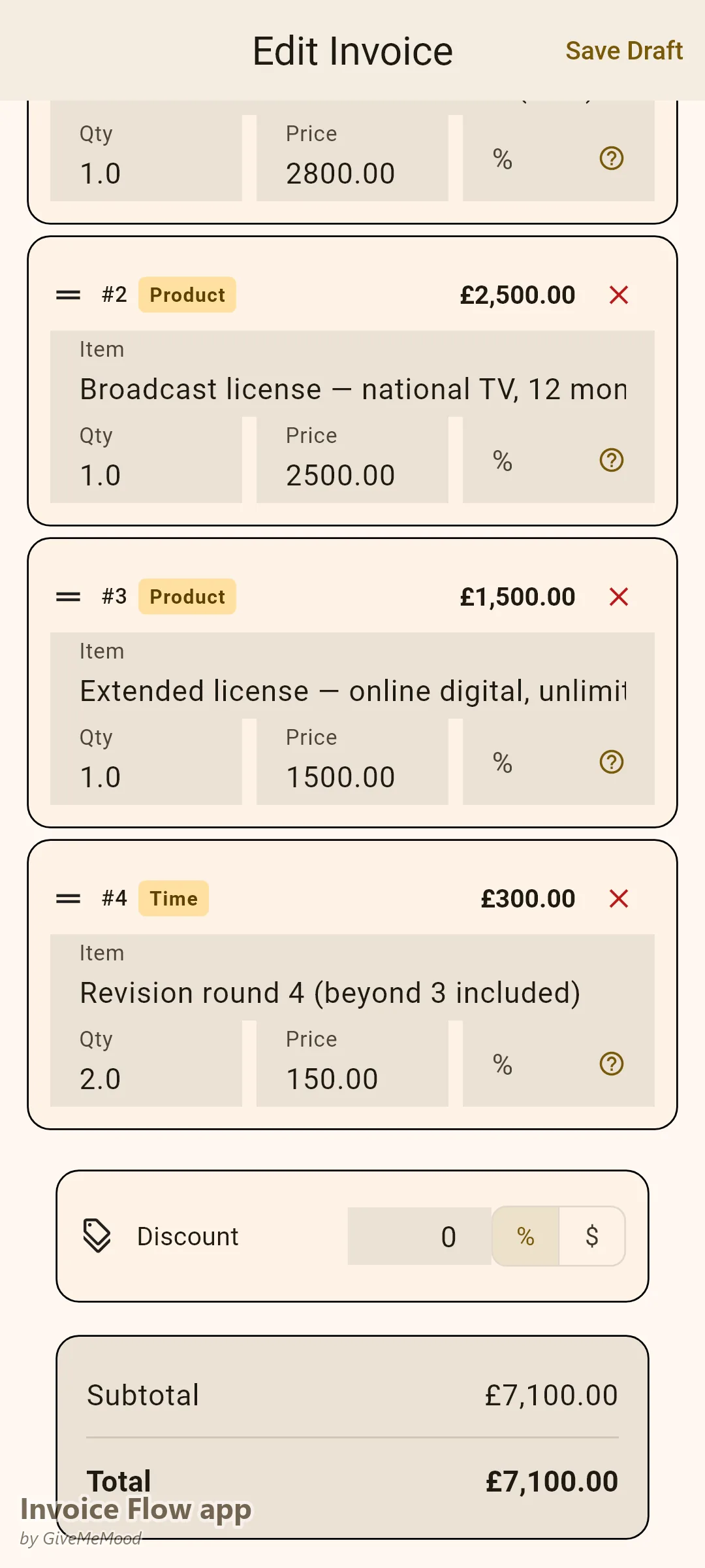 Edytor faktur animatora w Invoice Flow app — produkcja identyfikacji kanału, 12-miesięczna licencja na ogólnokrajową emisję TV, nieograniczona licencja cyfrowa i rozliczona dodatkowa runda poprawek