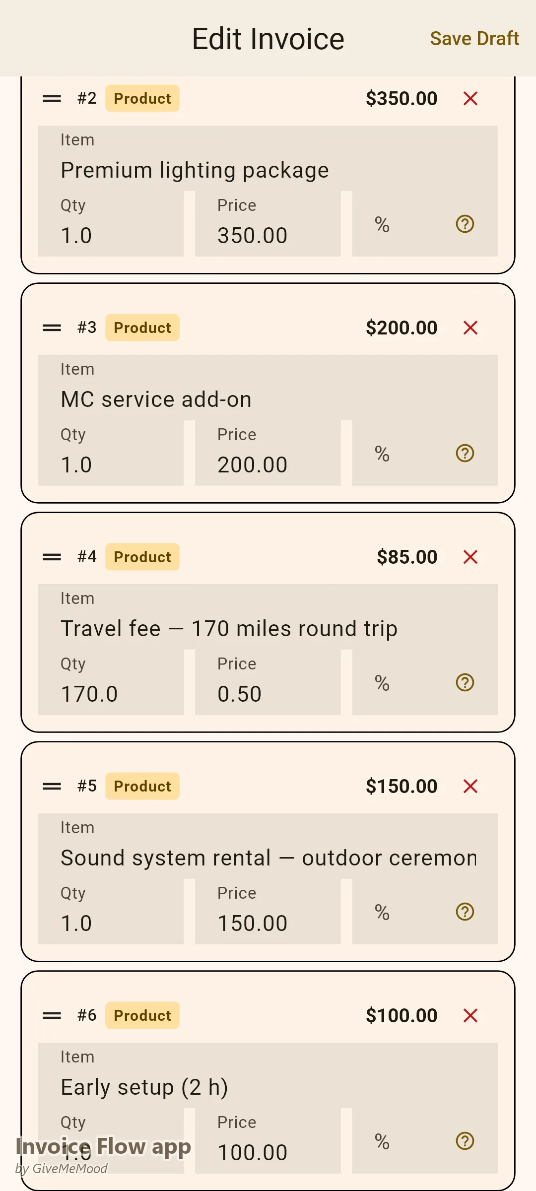 Επεξεργαστής τιμολογίων της εφαρμογής Invoice Flow app ενός DJ — 4ωρο γαμήλιο πακέτο, premium φωτισμός, υπηρεσία MC, χρέωση μετακίνησης χιλιομέτρων, ενοικίαση εξοπλισμού και πρώιμη εγκατάσταση με καταγεγραμμένη προκαταβολή