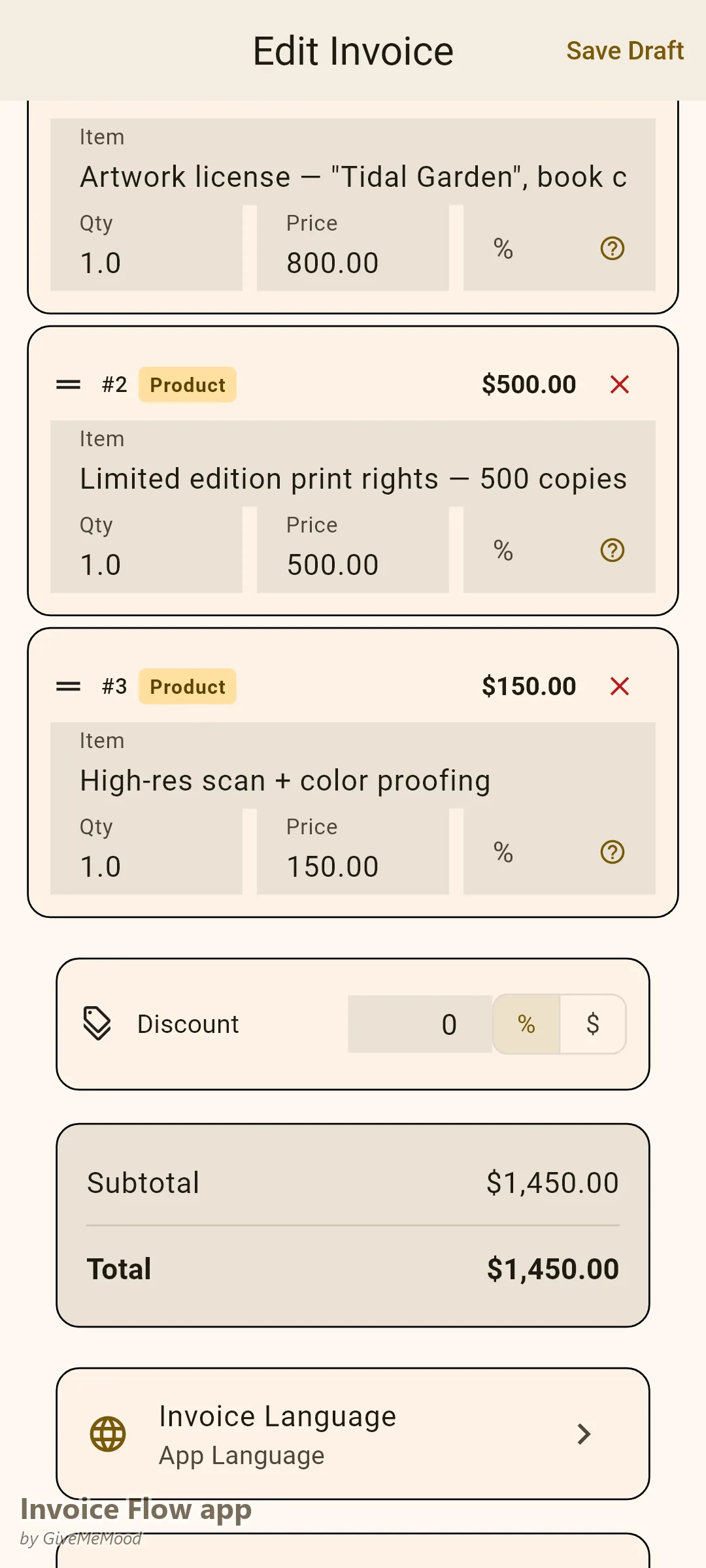 Invoice Flow app Rechnungseditor eines bildenden Künstlers – eine Buchcover-Lizenz, Druckrechte für eine limitierte Auflage von 500 Exemplaren über 2 Jahre und Proofing-Gebühren