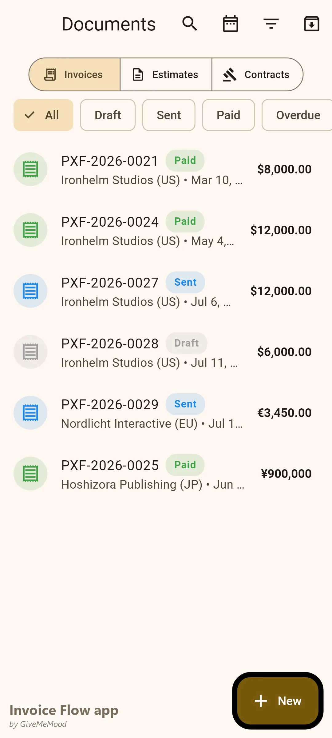 Λίστα τιμολογίων της εφαρμογής Invoice Flow ενός indie game studio — εξοφλημένα ορόσημα vertical slice και alpha, απεσταλμένο τιμολόγιο beta, πρόχειρο gold master και πληρωμή εκδότη σε JPY