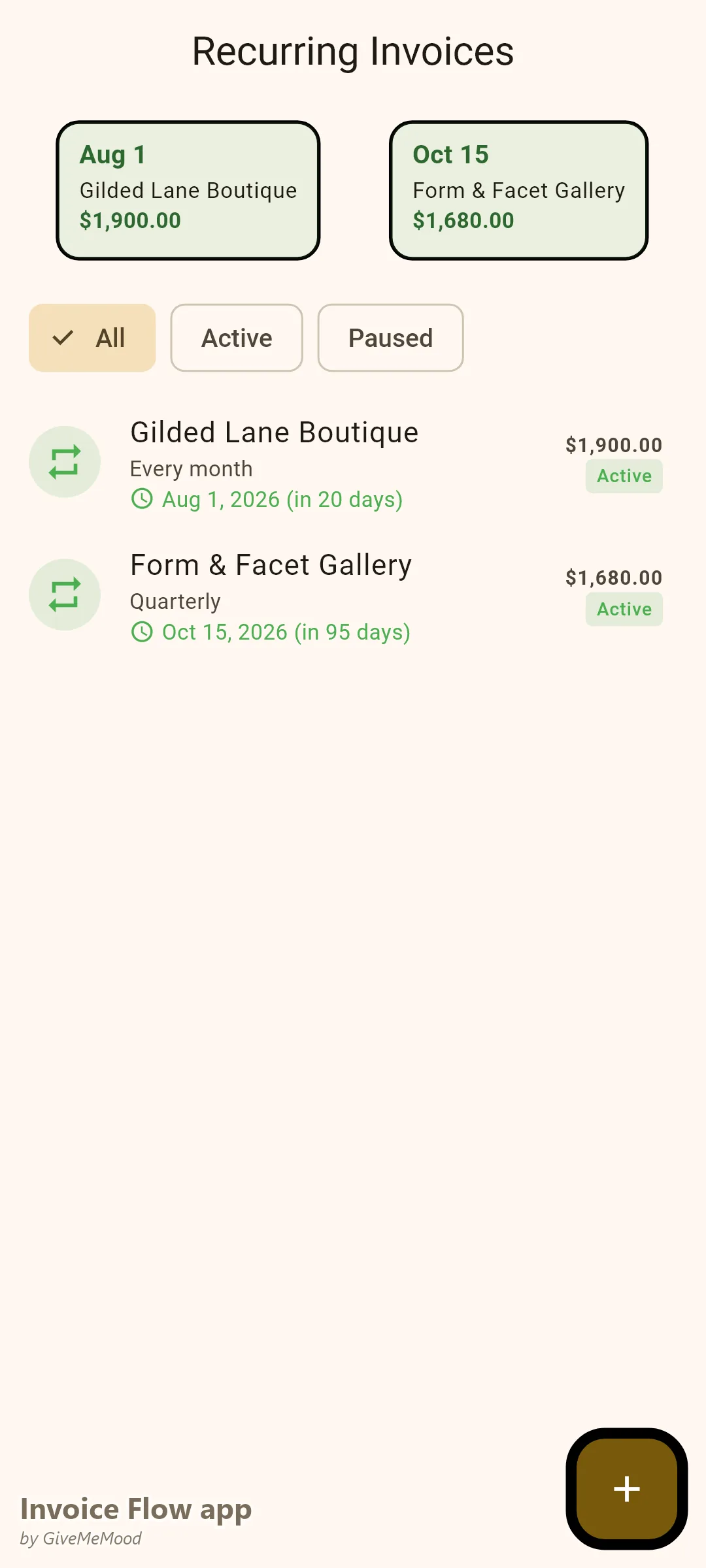एक ज्वेलरी डिज़ाइनर के Invoice Flow app recurring invoices — एक मासिक बुटीक रीस्टॉक ऑर्डर और एक त्रैमासिक गैलरी कंसाइनमेंट सेटलमेंट