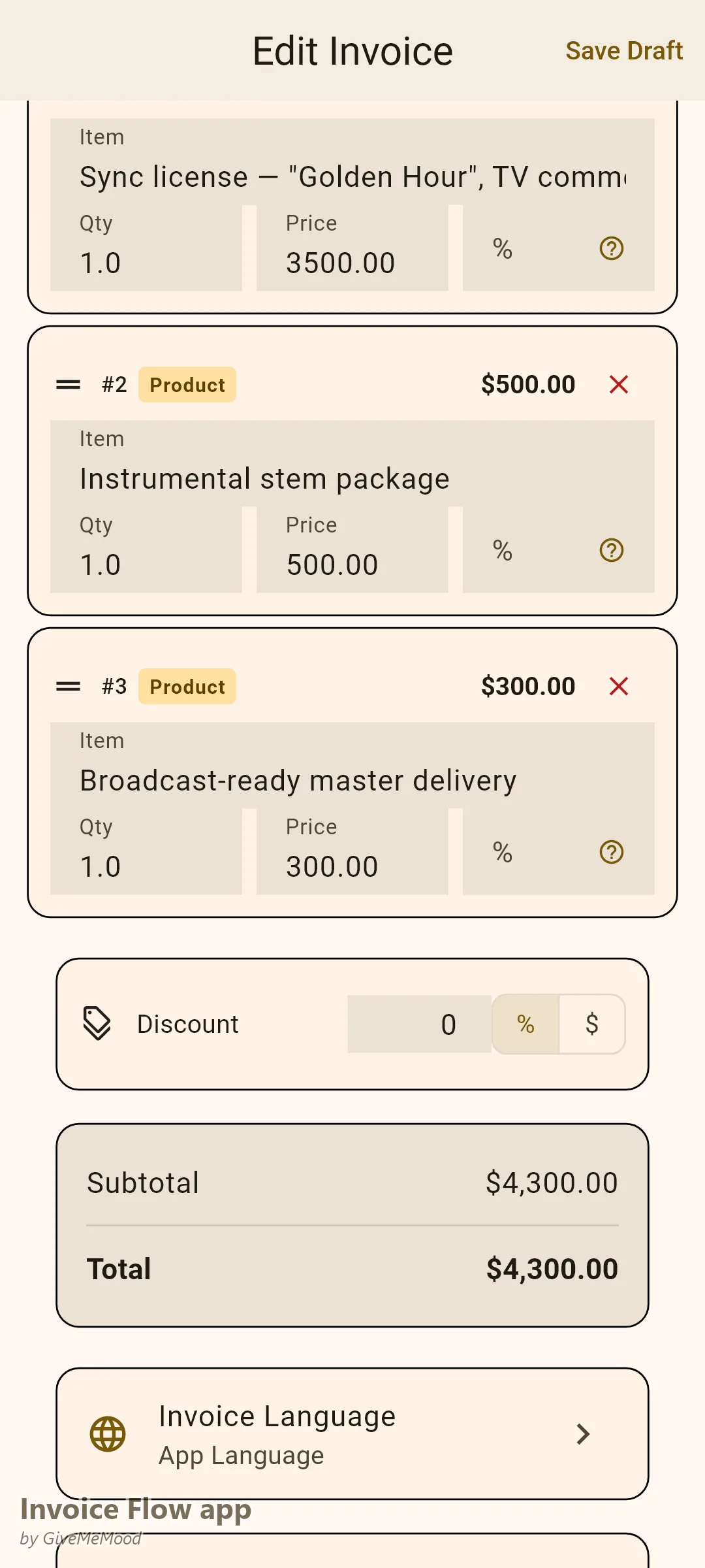 Editor faktur v Invoice Flow app pro hudebníka — 12měsíční sync licence pro TV v Severní Americe, balíček instrumentálních stemů a dodání masteru připraveného k vysílání