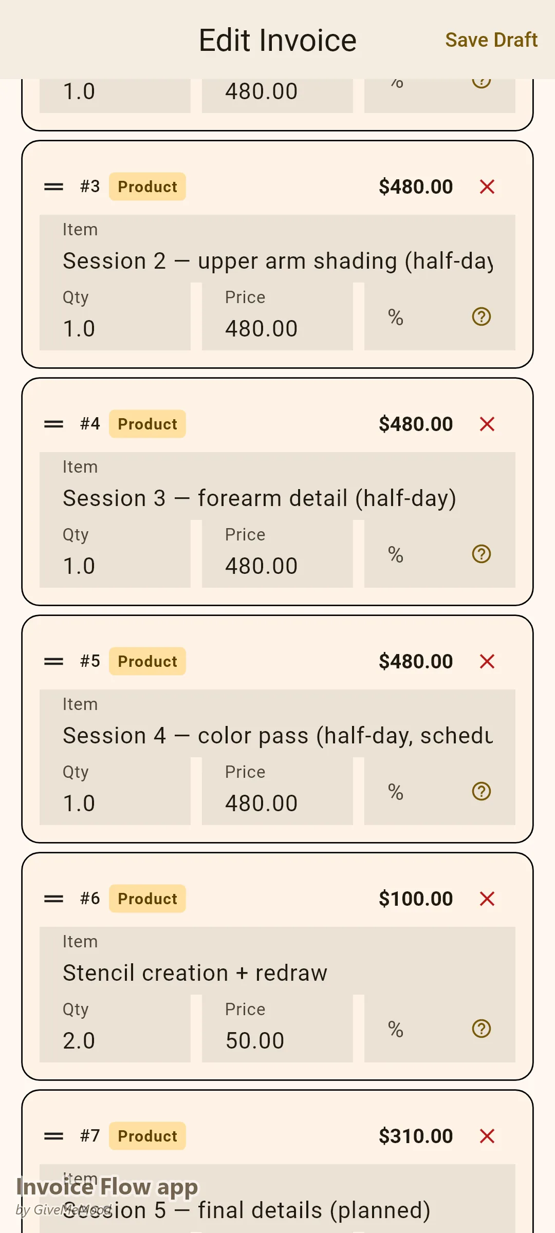 Editor di fattura di Invoice Flow app di un tatuatore — acconto di prenotazione, cinque sessioni di sleeve dal contorno ai dettagli finali più costi di stencil, tre sessioni pagate
