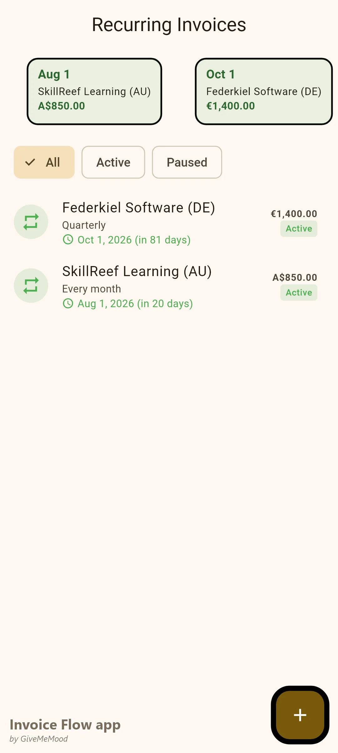 성우의 Invoice Flow app 반복 청구서 — EUR의 분기별 IVR 및 교육 내레이션 리테이너와 AUD의 월간 10모듈 이러닝 배치