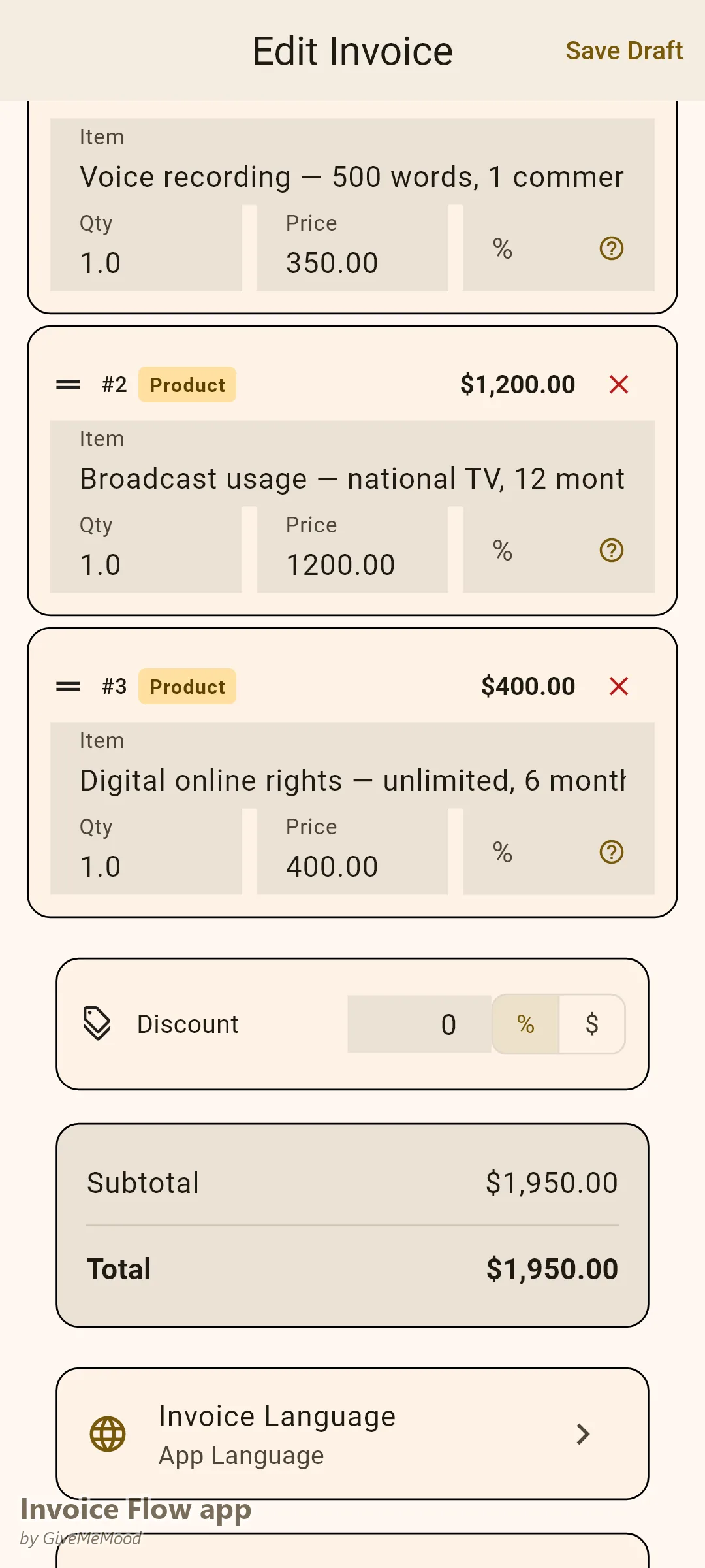 성우의 Invoice Flow app 인보이스 편집기 — 녹음비, 12개월 전국 TV 방송권, 6개월 무제한 디지털권을 별도 항목으로