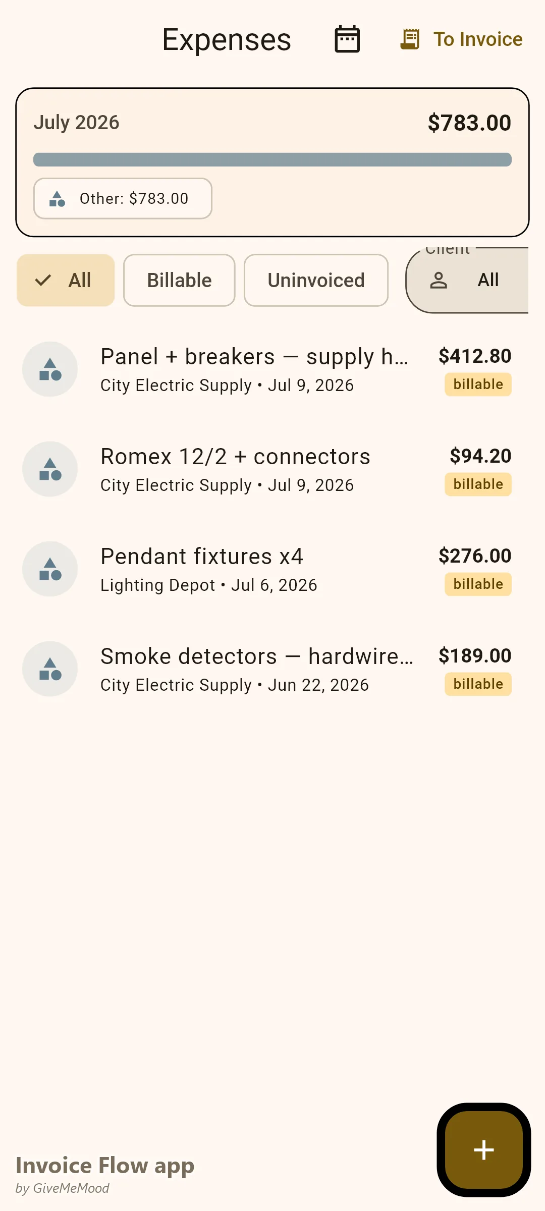 Tracker delle spese dell'app Invoice Flow di un elettricista — quadro e interruttori, cavo Romex e connettori, plafoniere a sospensione e rilevatori di fumo fatturabili ai lavori