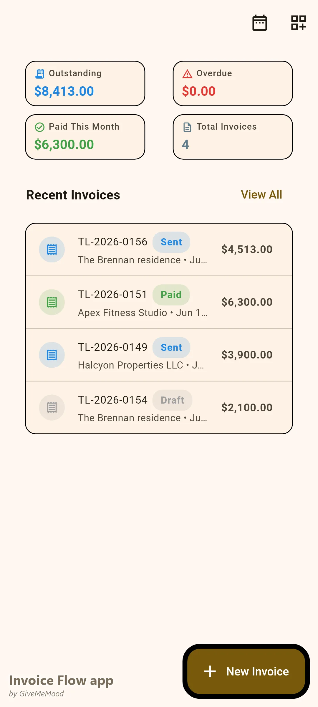 Dashboard dell'app Invoice Flow di un posatore di pavimenti — totali in sospeso e scaduti e lavori recenti con stati pagato, inviato e bozza
