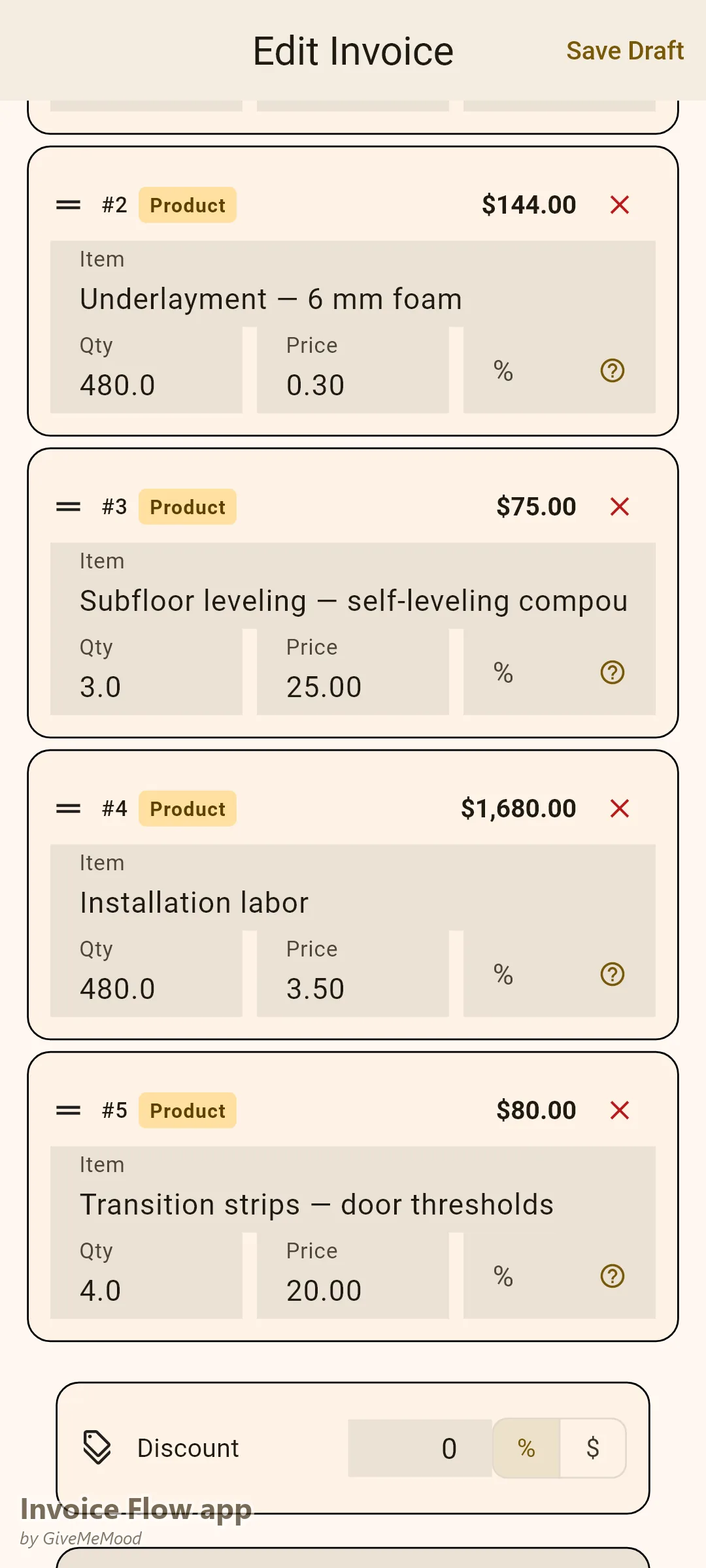 Editor di fattura di Invoice Flow app di un posatore di pavimenti — parquet ingegnerizzato con fattore di sfrido del 10%, sottopavimento, livellamento del massetto, manodopera al piede quadrato e profili di transizione