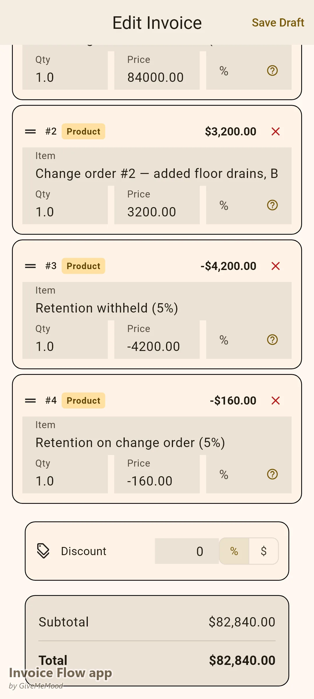 โปรแกรมแก้ไขใบแจ้งหนี้ของ Invoice Flow app ของผู้รับเหมาทั่วไป — milestone งาน MEP rough-in คำสั่งเปลี่ยนแปลงที่มีเอกสารกำกับ และการหักเงินประกันผลงาน 5% เป็นรายการติดลบ
