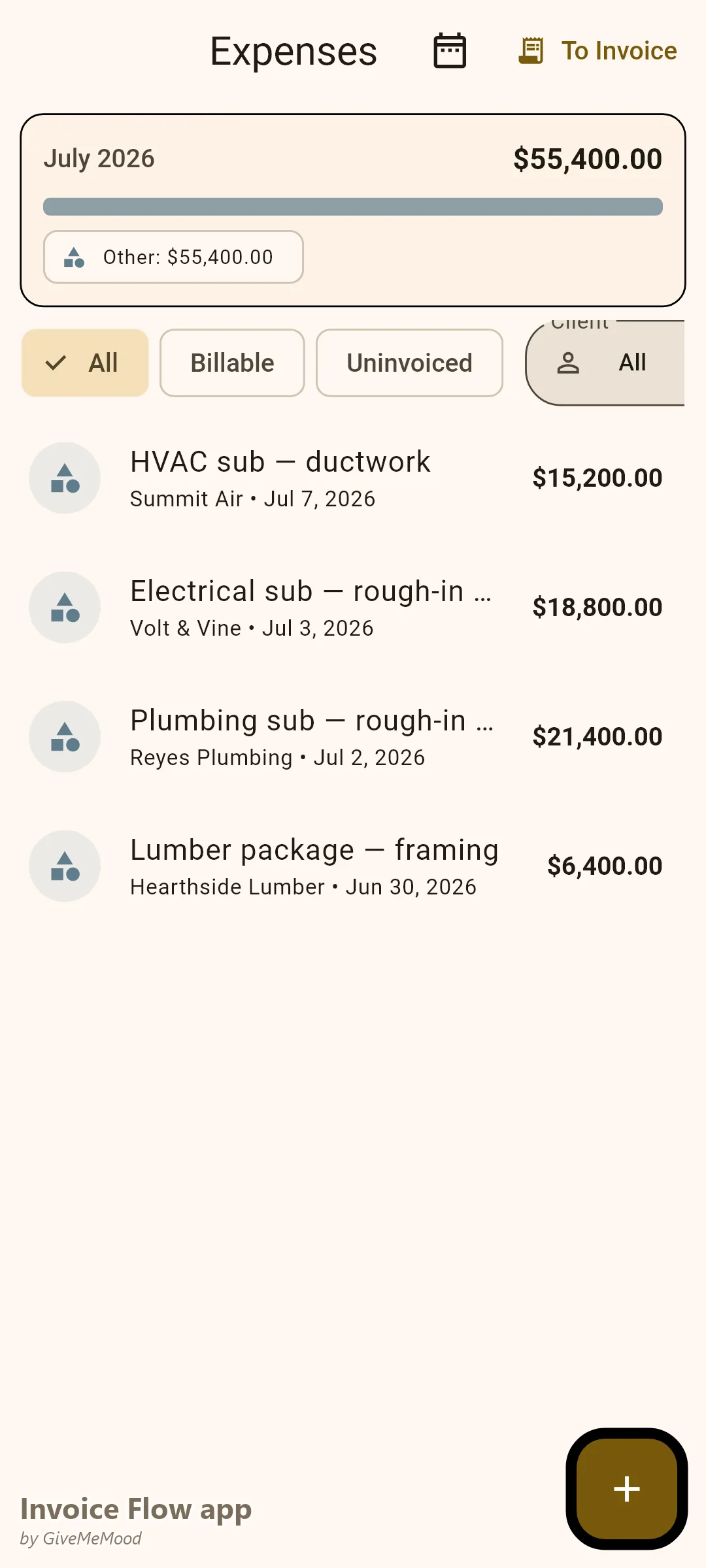 ตัวติดตามค่าใช้จ่ายของแอป Invoice Flow ของผู้รับเหมาทั่วไป — งวดจ่ายผู้รับเหมาช่วงด้านประปา ไฟฟ้า และ HVAC รวมถึงแพ็กเกจไม้โครงที่ผูกกับโปรเจกต์