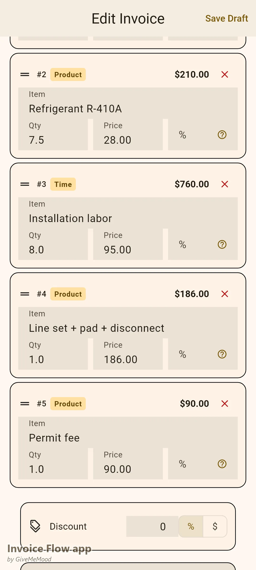 Editor faktur v Invoice Flow app pro HVAC technika — 3tunová kondenzační jednotka, chladivo za libru, montážní práce, potrubní set a povolení s vlastními poli pro záruku