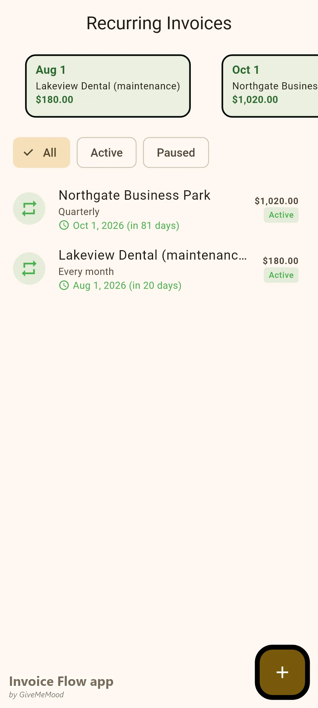 Opakované faktury v aplikaci Invoice Flow app u firmy pro vzduchotechniku — čtvrtletní smlouva na 12 střešních jednotek v podnikatelském parku a měsíční plán údržby kliniky