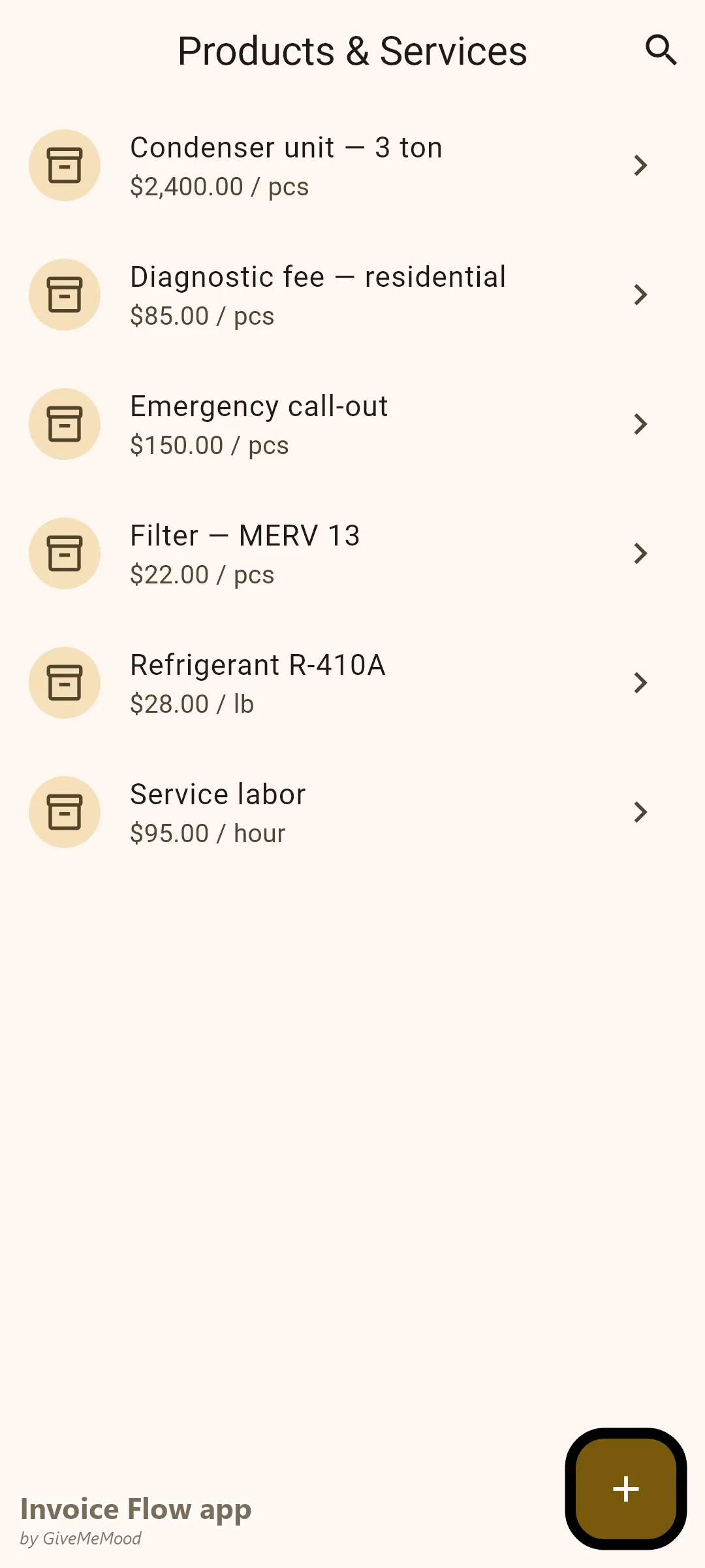 Obrazovka produktů firmy pro vzduchotechniku (HVAC) v aplikaci Invoice Flow — kondenzační jednotky, chladivo za libru, servisní práce, diagnostický poplatek, nouzový výjezd a filtry