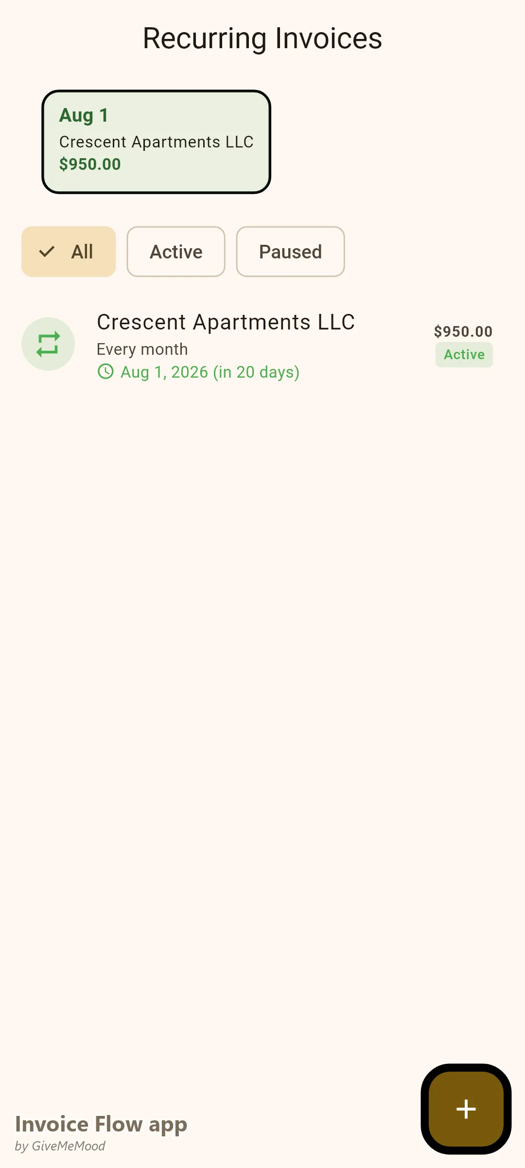 Faktury cykliczne malarza w Invoice Flow app — comiesięczny kontrakt na malowanie i poprawki przy rotacji mieszkań generujący się automatycznie