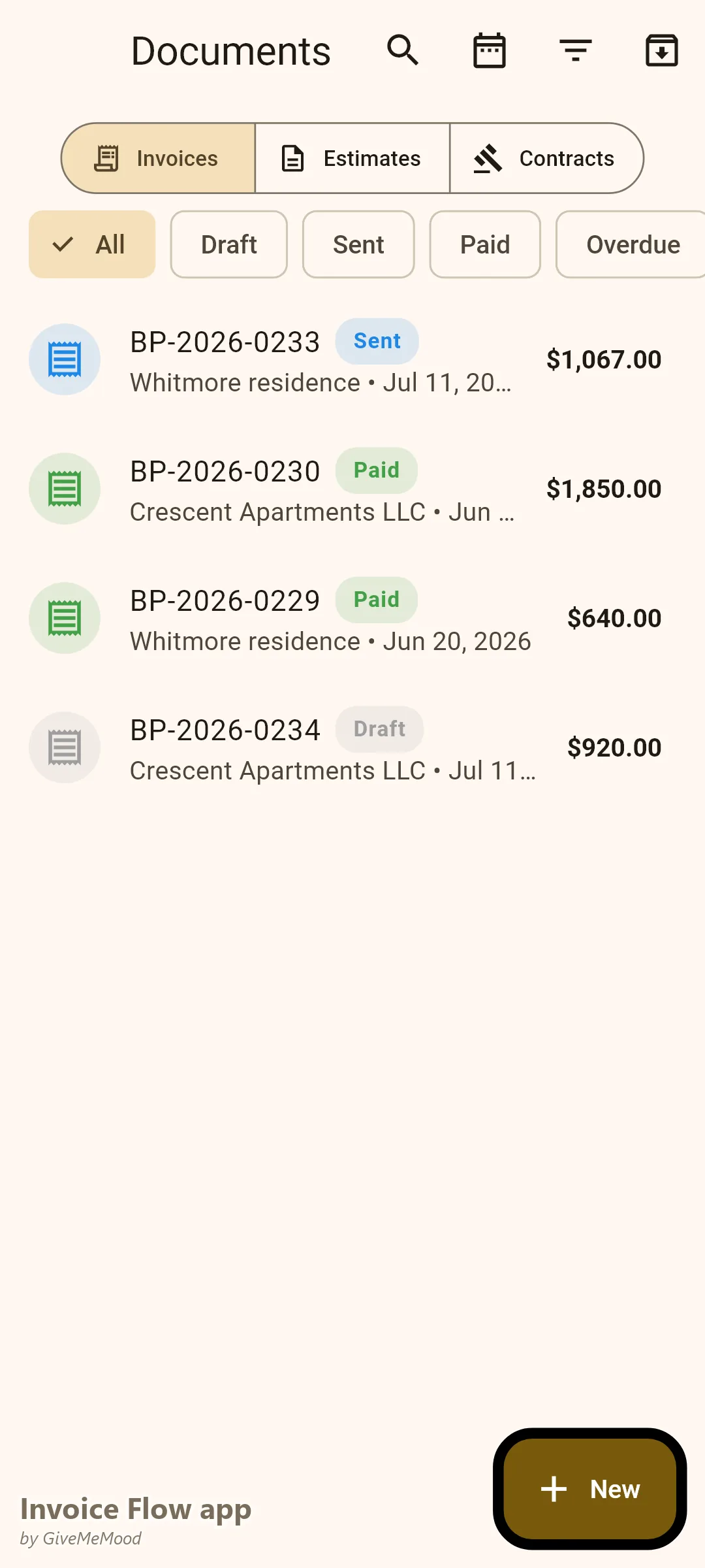 Dokumenty firmy malarskiej w aplikacji Invoice Flow app — wysłana wycena przemalowania biura, mieszkanie zafakturowane tego samego dnia, opłacone zlecenia i robocze zlecenie odbioru