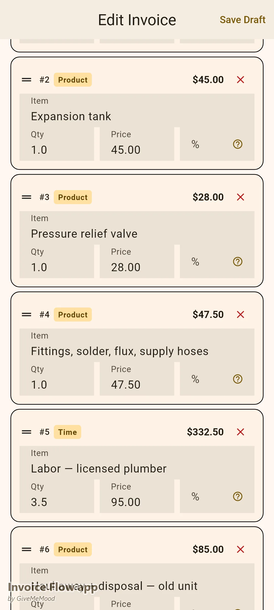 एक प्लंबर का Invoice Flow app invoice editor — 50-गैलन हीटर, एक्सपैंशन टैंक, रिलीफ वाल्व, फिटिंग, 3.5 घंटे का लाइसेंस्ड श्रम और पुरानी-यूनिट निपटान